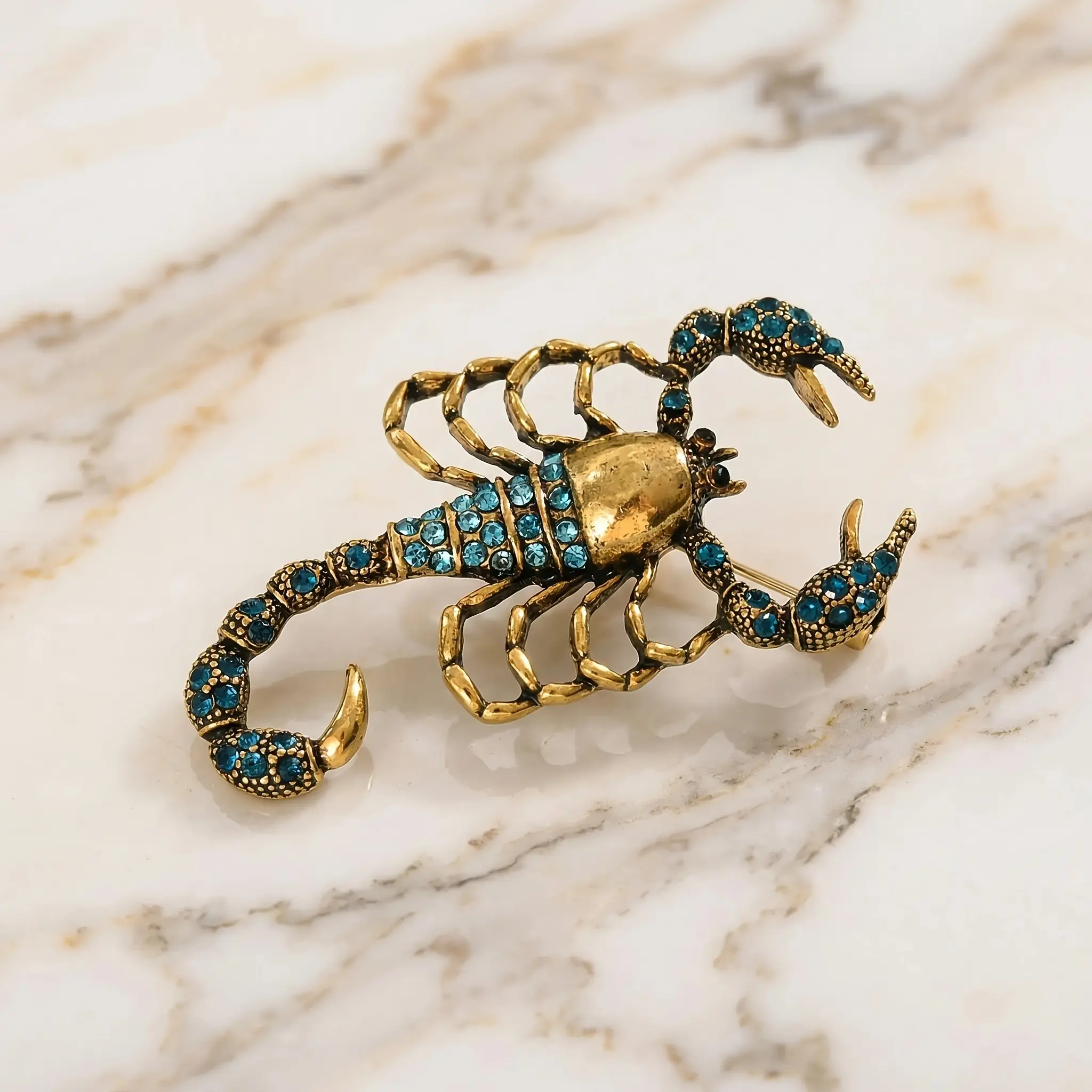 Vintage Blue Rhinestone Scorpion Brooch, Unique Small Distressed Metal Animal Pin for Casual Daily Wear, Animals, Distressed Blue Rhinestone, Retro, Fashion, Unisex