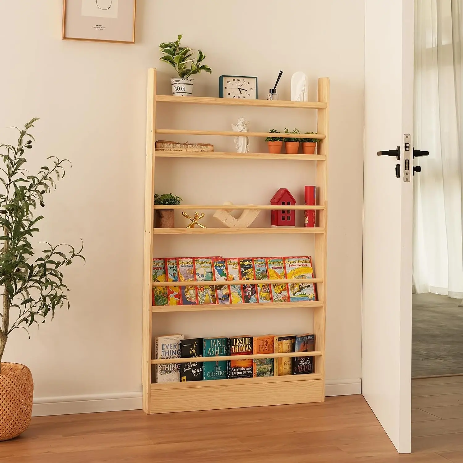 5 Tier Behind The Door Bookshelf & Freestand Open Book Shelf, Wall Mount Shelves for Bedroom, Space- Saving Bookcase, Solid Wood Bookshelf for Living Room, Natural（FSC-Certified Wood）