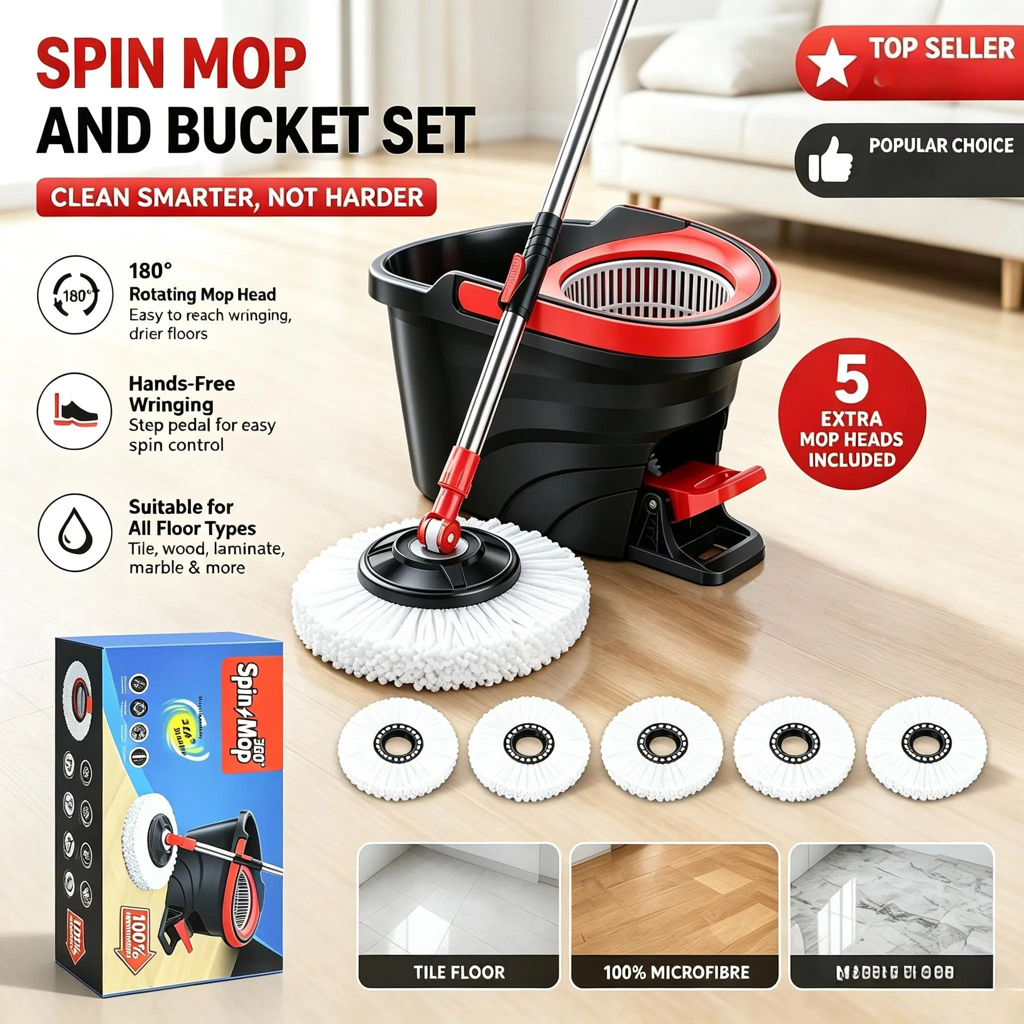Spin Mop and Bucket Set with Foot Pedal, 180° Rotating Mop System with Stainless Steel Basket and 5 Microfiber Mop Heads, Hands-Free Floor Cleaning Tool for Home, Kitchen, Bathroom, Hardwood Floors, and Tiles