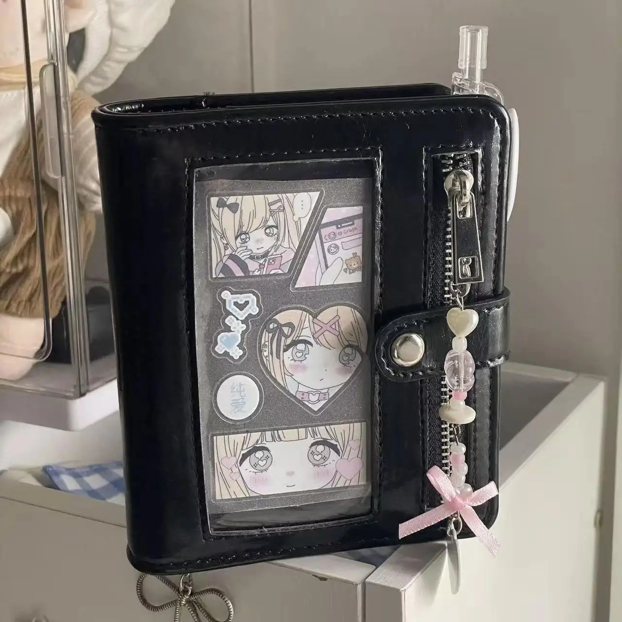 High-Value Japanese Retro PU Leather M5 Loose Leaf Binder Notebook - Removable Cover, Portable Daily Planner, Black with Inner Window, Creative Decor Cute Gift for Home Supplies
