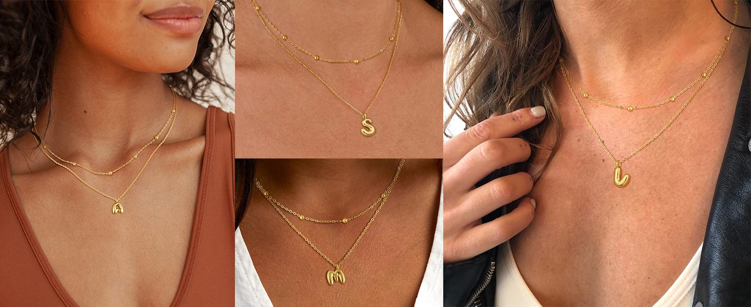 2 Pack Initial Bubble Letter Pendant Necklaces for Women , Personalized Gold A-Z Alphabet Fashion Jewelry for Parties & Birthdays Valentine's Day Gift