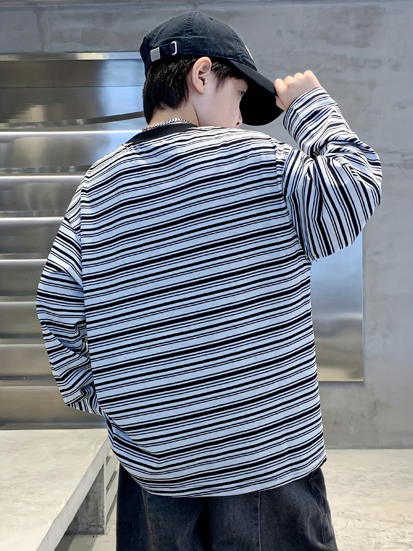 Boys' Oversized White & Black Striped Sweater Jacket - Long Sleeve Round Neck H-Line Tunic, Soft -like Stretch Fabric (No) for Spring/Fall Layering, Casual & Casual Attire - Easy-Care ' Sweater