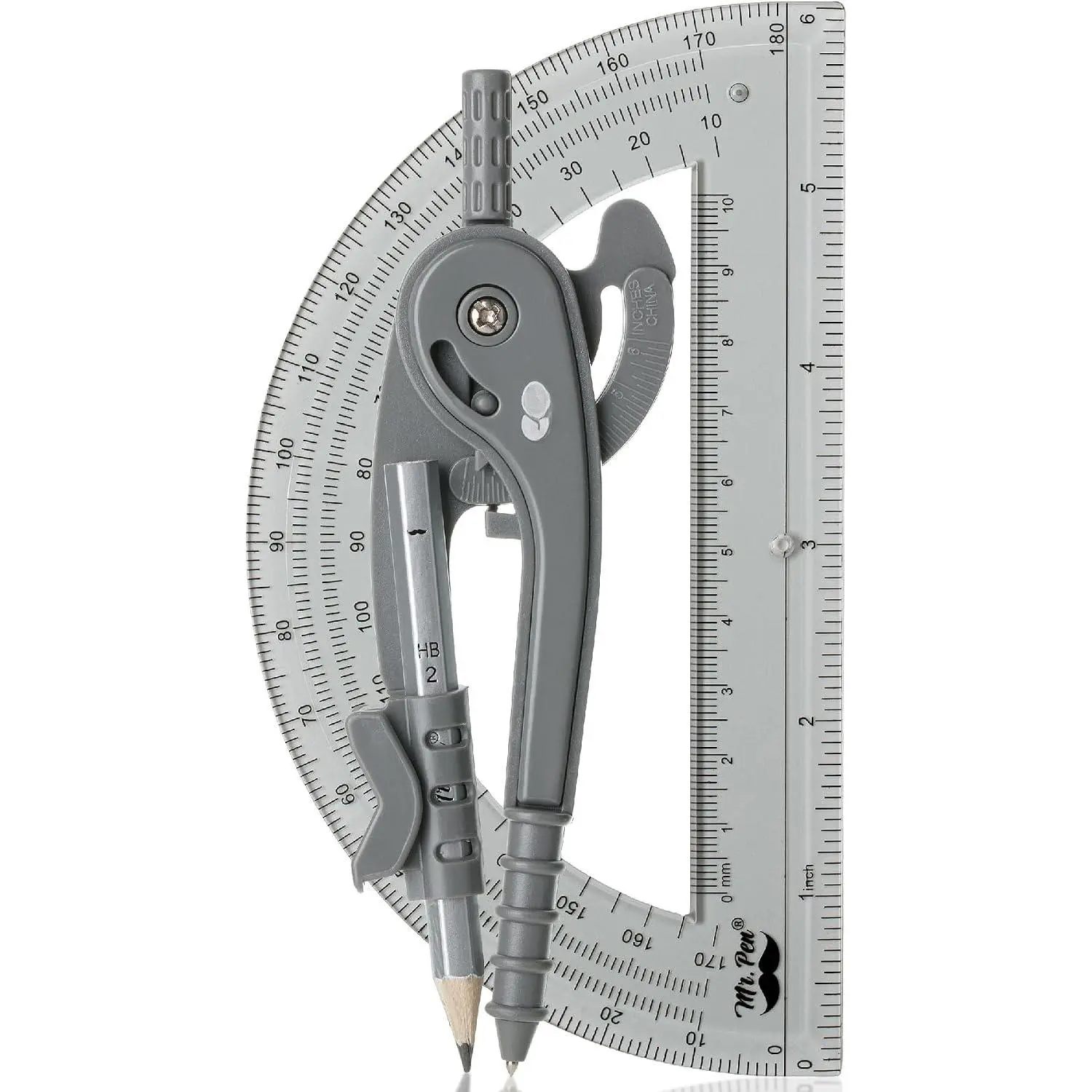 6-Inch Plastic Geometry Compass and Protractor Set, Office Measuring Supplies with Precision Grip, School Math Drafting Drawing Aid