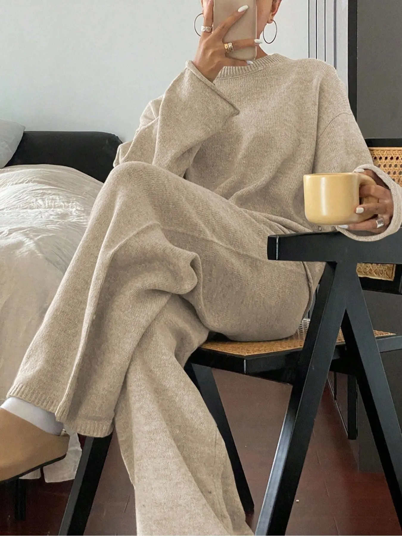 Hot Selling Women Fall Winter Knit Two Piece Set,Oversized Crewneck Sweater High Waist Wide Leg Pants,Soft Cozy Neutral Loungewear Matching Outfit For Home Coffee Shopping Weekend Travel Daily Casual Streetwear