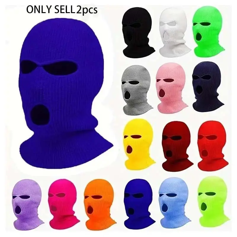2pcs Winter Warm Head Cover, 3-hole Knitting Ski Mask Cold Proof Riding Full Face Mask Full Balaclava Protective Gear