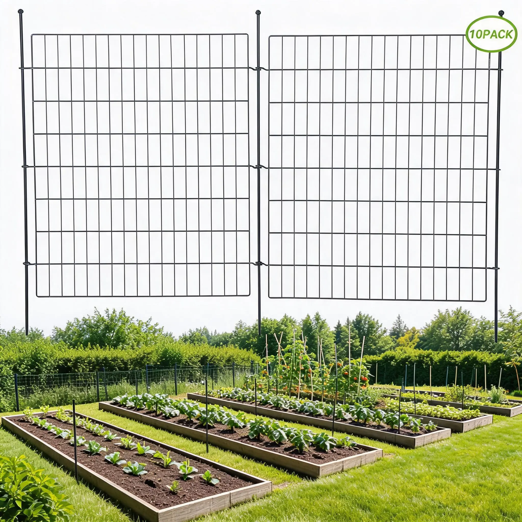 No-Dig Metal Garden Fence Panels, 32x29-Inch and 40x29-Inch, 10-Pack or 15-Pack, Flat or Arched Top, With or Without Gate