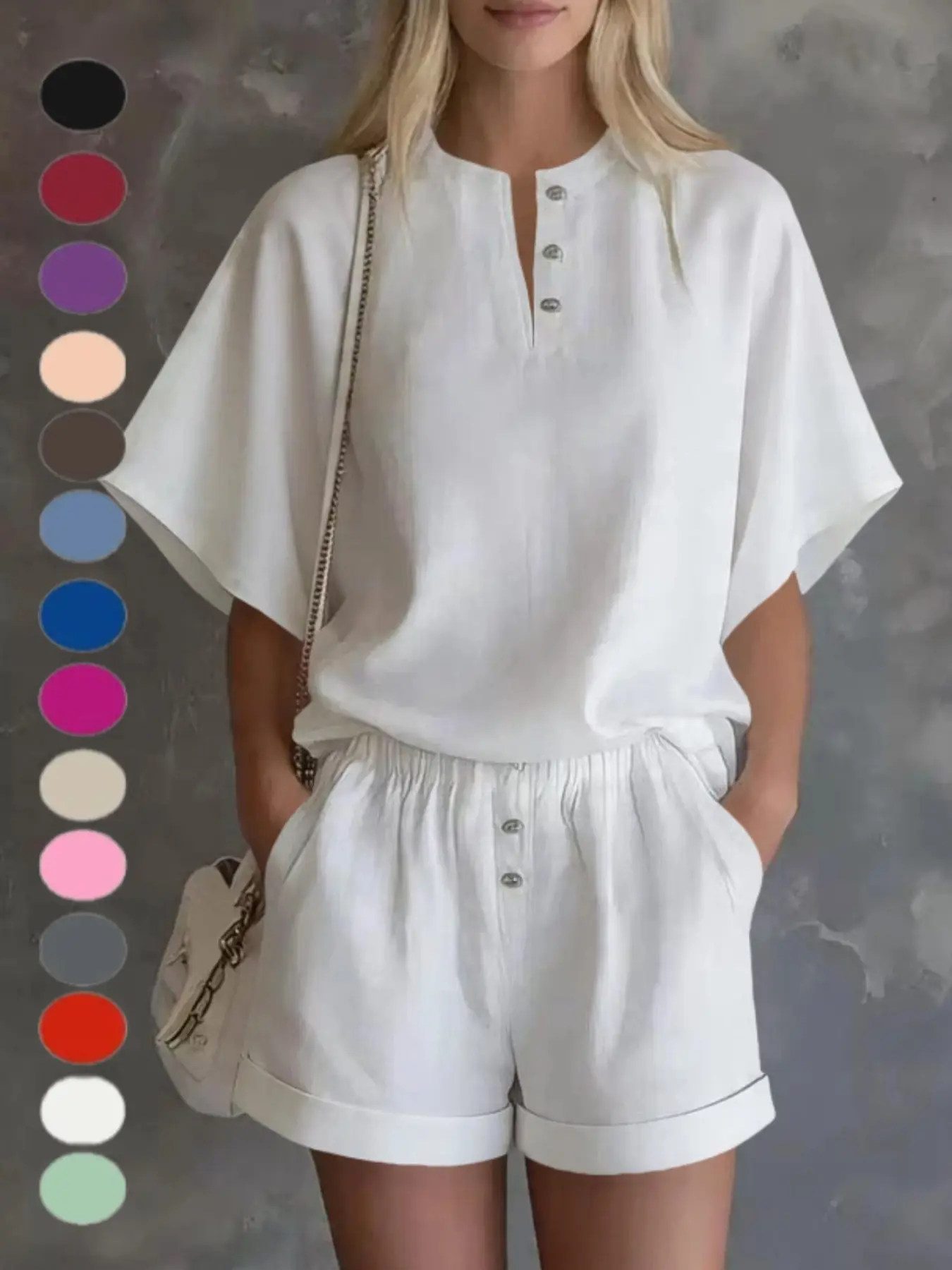 2026 Shein Cross-Border Casual Fit Stand Collar Half-Open Jacket, Elastic Waist Short Pants Two-Piece Set, Comfortable and Stylish Women