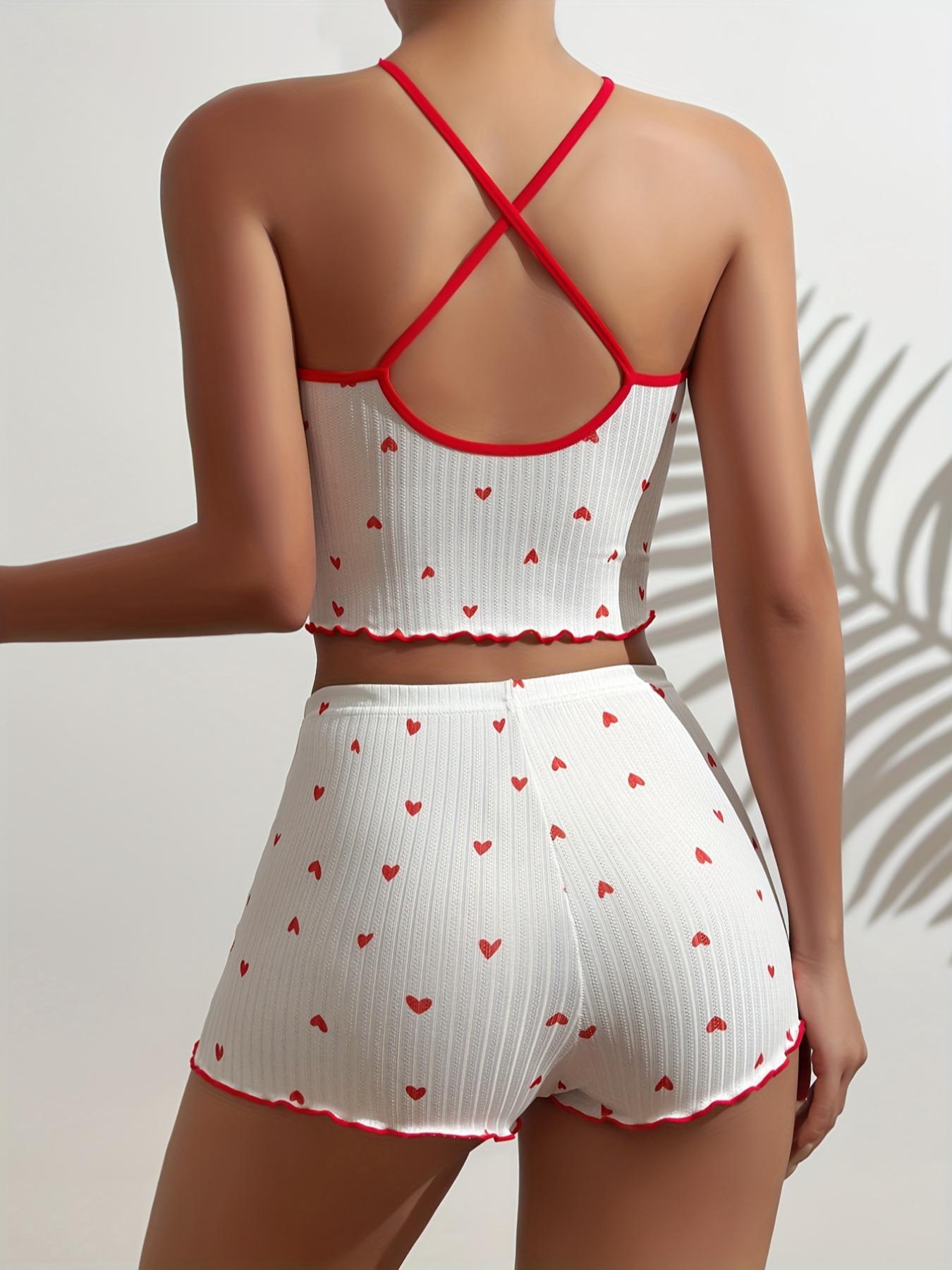 Two-Piece Set Women's Heart Print Bow Decor Cami Top & Lettuce Trim Shorts Pyjama Set, Comfy Criss Cross Camisole & Shorts PJ Set, Summer Wear 2024, Valentine's Day Gift, Women's Sleepwear