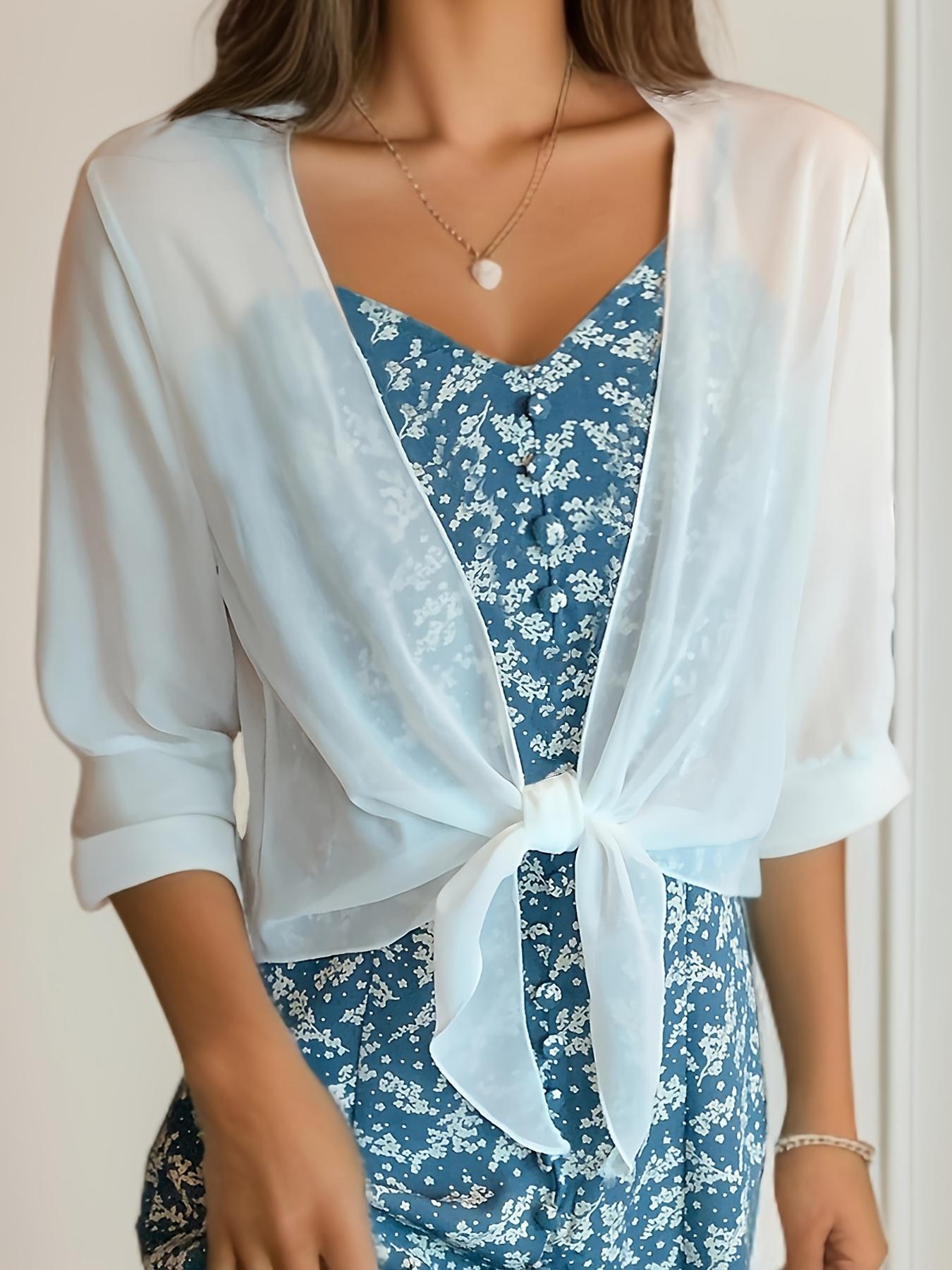 Women's Summer Solid Color Chiffon Cardigan, Half Sleeve Short Tie Knot Open Front Shrugs, Ultra Thin Lightweight Sheer Sunscreen Cover Ups for Dresses