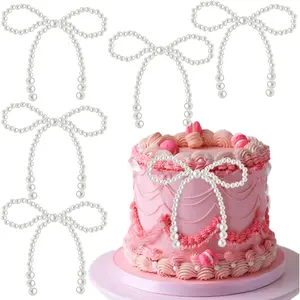 12Pcs Pearl Bow Dot Cake Topper Bowknot Pearl Bows Cupcake Toppers for Bow Themed Birthday Wedding Baby Shower Party Cake Decoration Supplies
