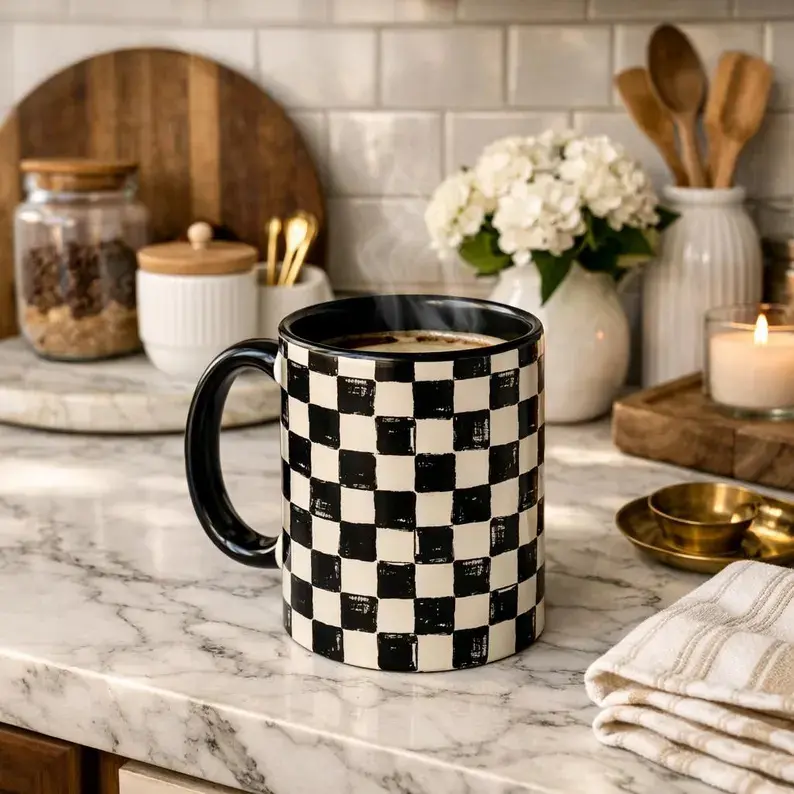 Checkered Aesthetic Coffee Mug |   Trendy Black White Tea Cup |   Cute Kitchen Decor |   Gift for Friend |   Modern Minimalist Mug