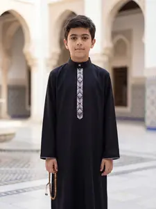 Arabian Boy Traditional Thobe, Gradient Embroidery Button Front Stand Collar Side Pocket Long Sleeve, Ages 8-12, Daily Wear, Eid, Formal Occasions