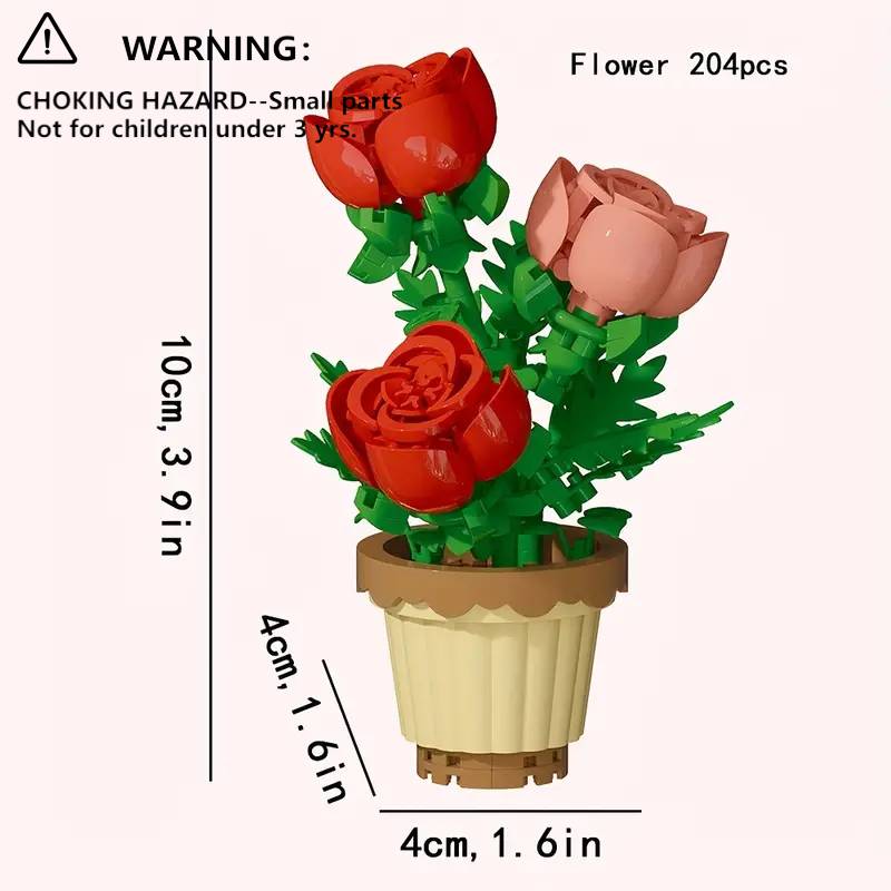 Flower Building Blocks, Rose Building Blocks, 1 Set Mini Potted Plant Model Building Blocks, Building Kit Desktop Ornament, Home Decoration, Educational Fun Toys, Birthday Gift