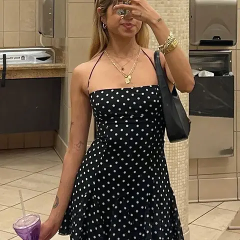 Women's Polka Dot Print Halter Neck Dress, Cocktail Dresses, Fashion Casual Sleeveless Dress, Elegant Classy Flattering, for Party Club Birthday Holiday Beach Vacation, Ladies Summer Clothes Womenswear