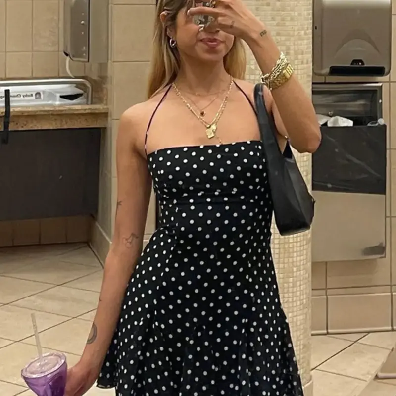 Women's Polka Dot Print Halter Neck Dress, Cocktail Dresses, Fashion Casual Sleeveless Dress, Elegant Classy Flattering, for Party Club Birthday Holiday Beach Vacation, Ladies Summer Clothes Womenswear