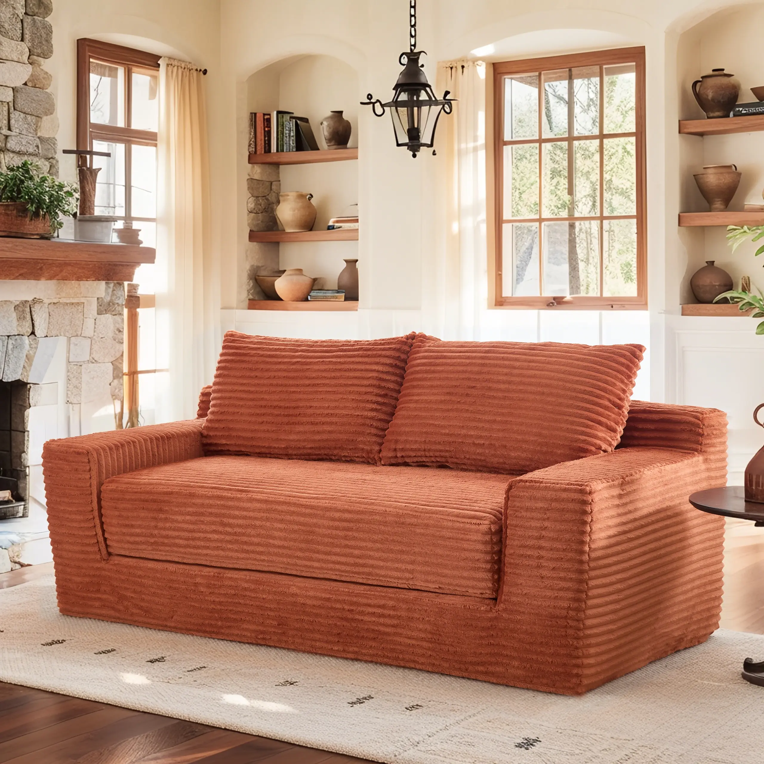 Nokka 2-Seat Corduroy Memory Foam Convertible Sleeper Loveseat Sofa in a Box, No Assembly, Compact Couch for Small Spaces, Home Office, Couch for Bedroom, Orange