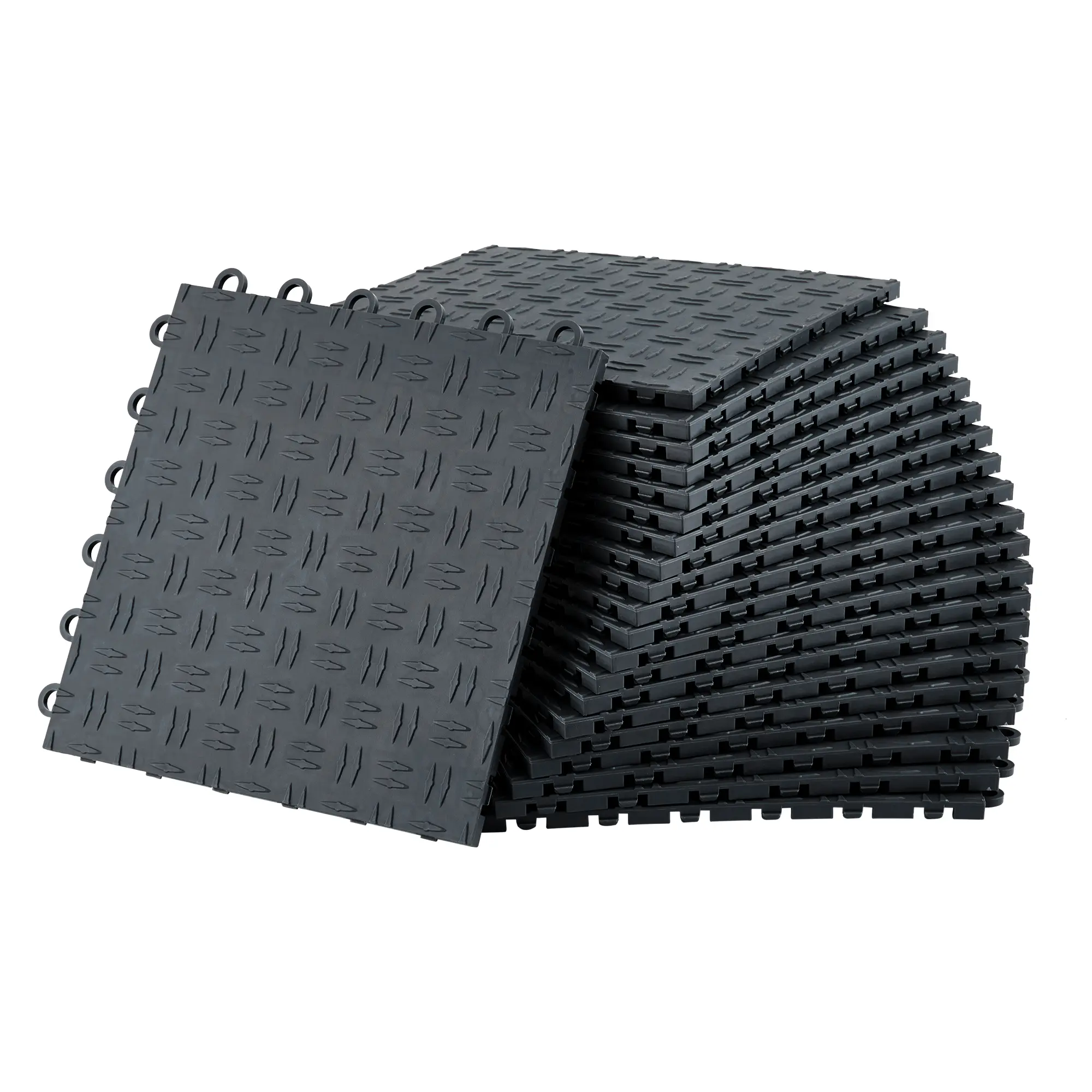 Heavy-Duty Interlinked Garage Floor Tiles 12"x12" – Dual Non-Slip Diamond Texture, 0.53" Thick PVC, 5500 lbs Load – Easy 6-Loop Installation for Garage, Workshop, Basement – Black