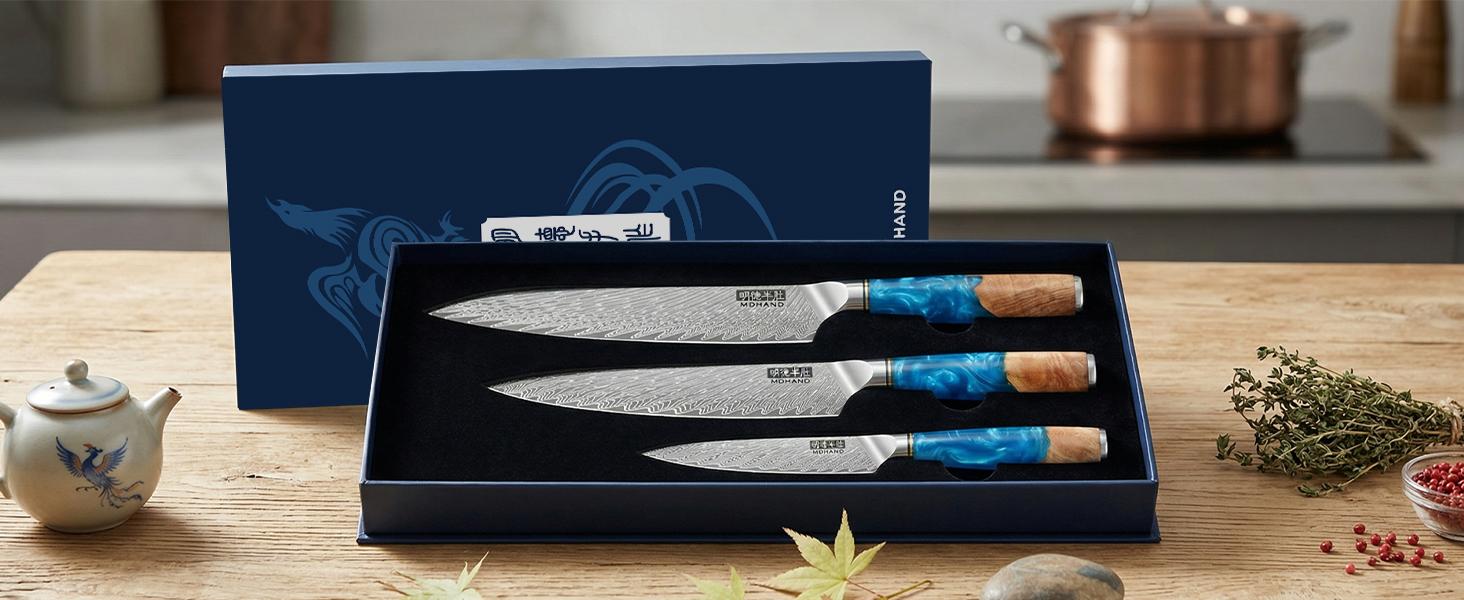MDHAND Damascus Kitchen Knife Set 3PCS, Japanese VG10 Super Steel Core Professional Chef Knife Set, Ultra Sharp Professional Chef Knives with Azure Timber Collection Handle, Gifts for Men Women