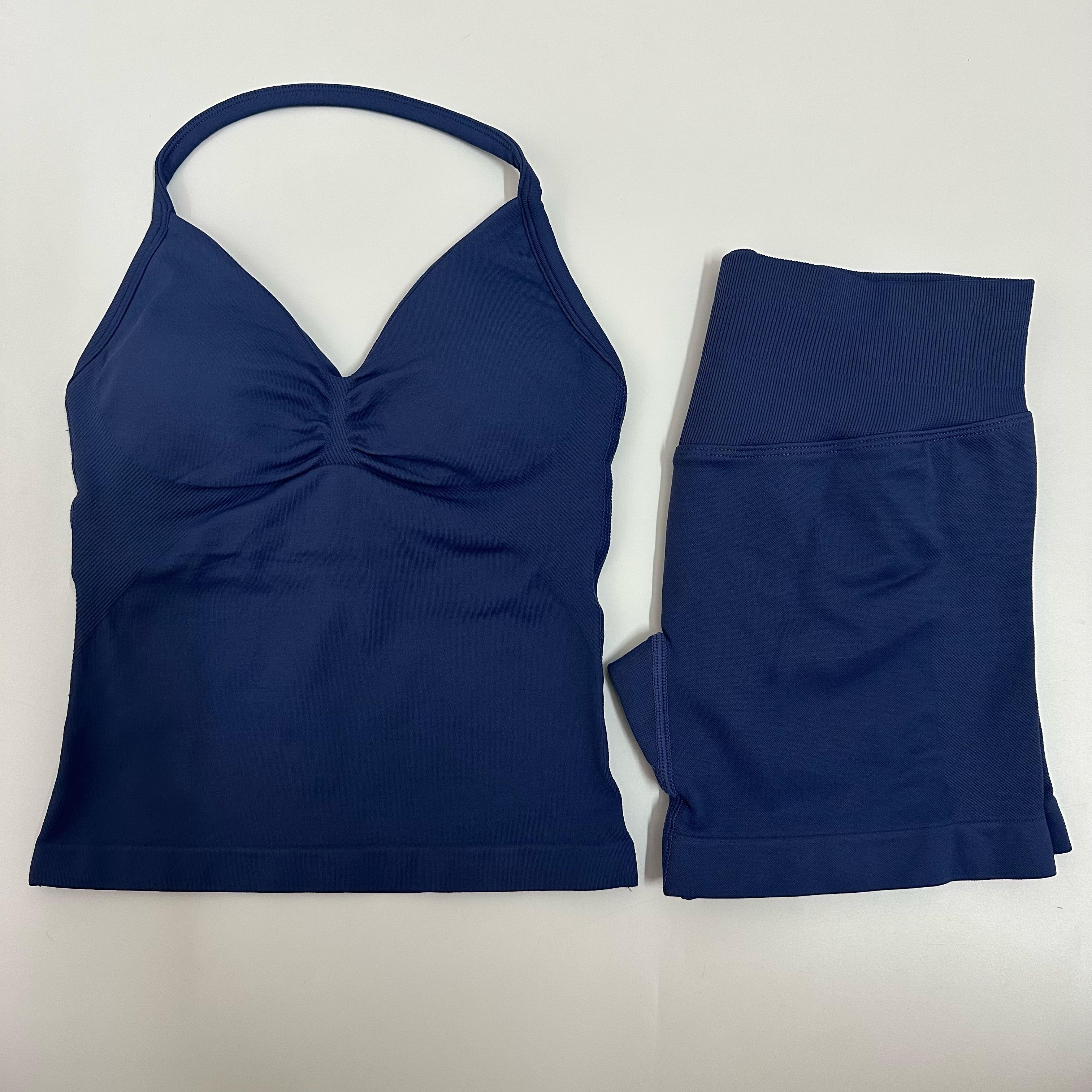 2 Pieces Women Yoga Set Seamless Yoga Longline Strappy Tank Top Scrunch Sports Shorts Gym Clothes Woman Summer Workout Outfit Athleisure Wear