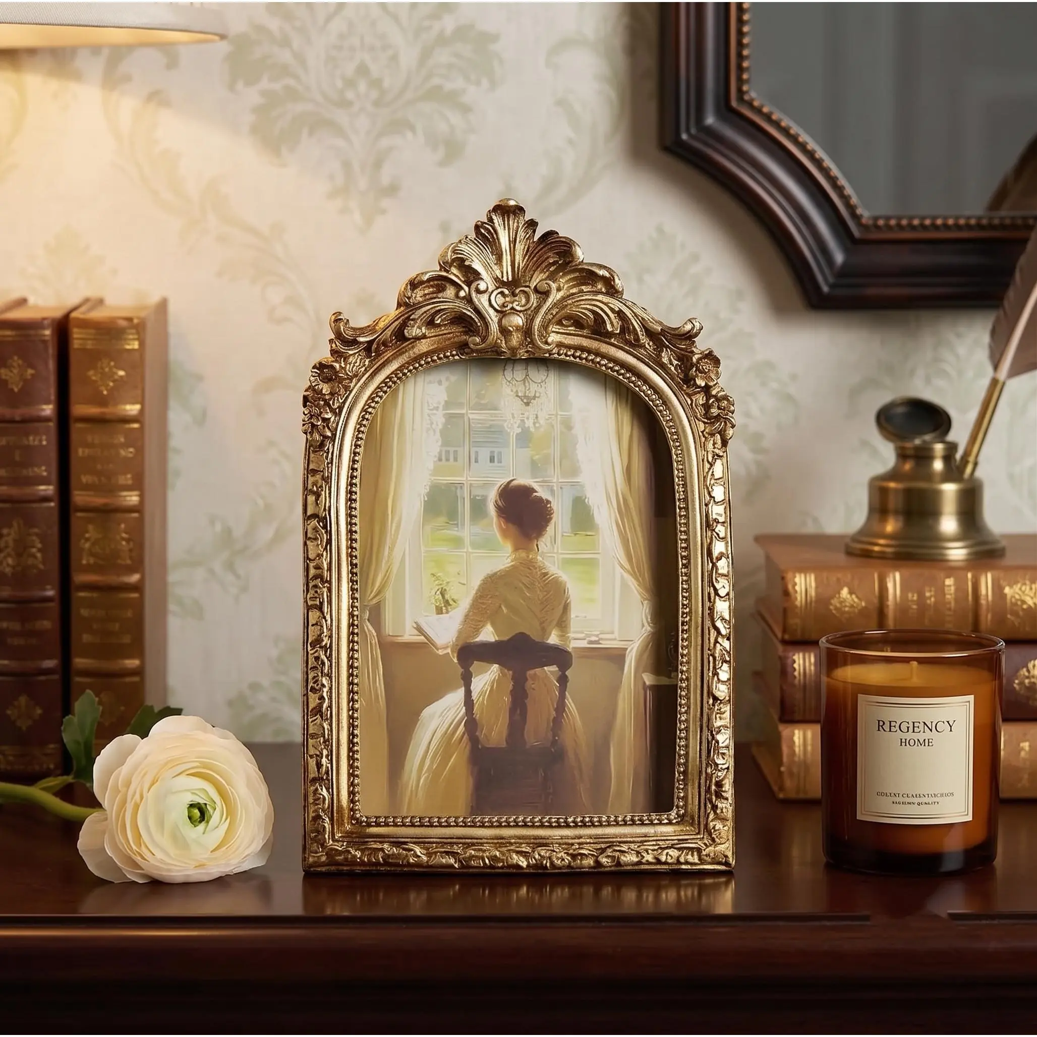 Antique Gold Baroque Photo Frame - French Vintage Semi-Circular Resin Carving Frame, HD Glass Tabletop & Wall Home Decor, Living Room Ornate Accent, Wedding Gift