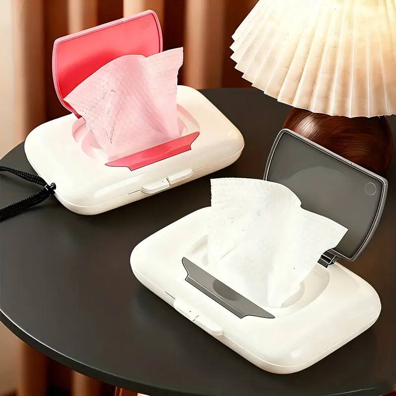 2Pcs Random Color Hanging Travel Tissue Box, Odorless Compact Plastic Dispenser with Drawstring & Adhesive, Reusable Portable Storage Box for Wet Wipes & Paper Tissues