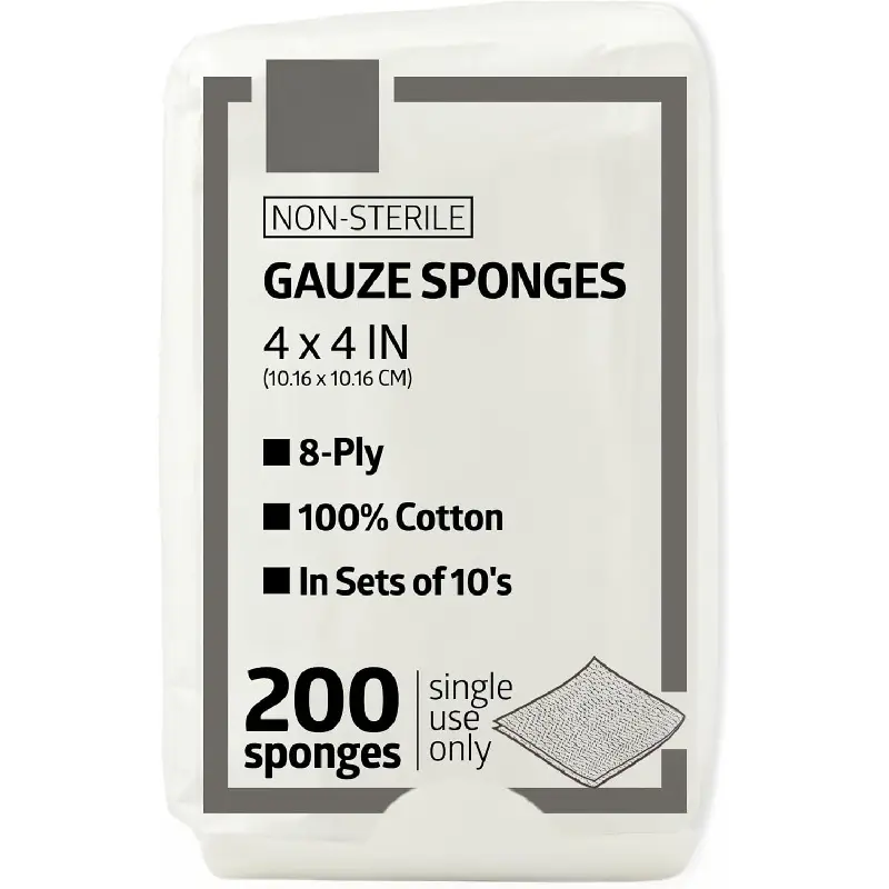 4 x 4 inch Gauze Sponges, 100% Cotton, 8-Ply Woven Non-Sterile Gauze (Pack of 200)