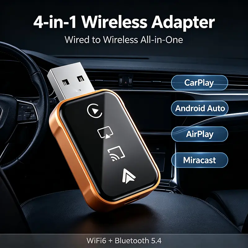 Wireless CarPlay Adapter 4-in-1, WiFi 6 & Bluetooth 5.4 Plug & Play USB Dongle, Convert Wired CarPlay & Android Auto to Wireless, Support AirPlay Miracast for Cars with Factory USB Port center console Tactical Multifunctional Writing Pen