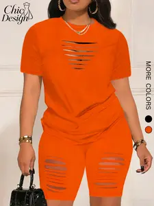 Women's Casual Solid Color Two-Piece Set, Comfortable Short Sleeve T-Shirt and Shorts, Fashionable Summer, Ideal for Commuting