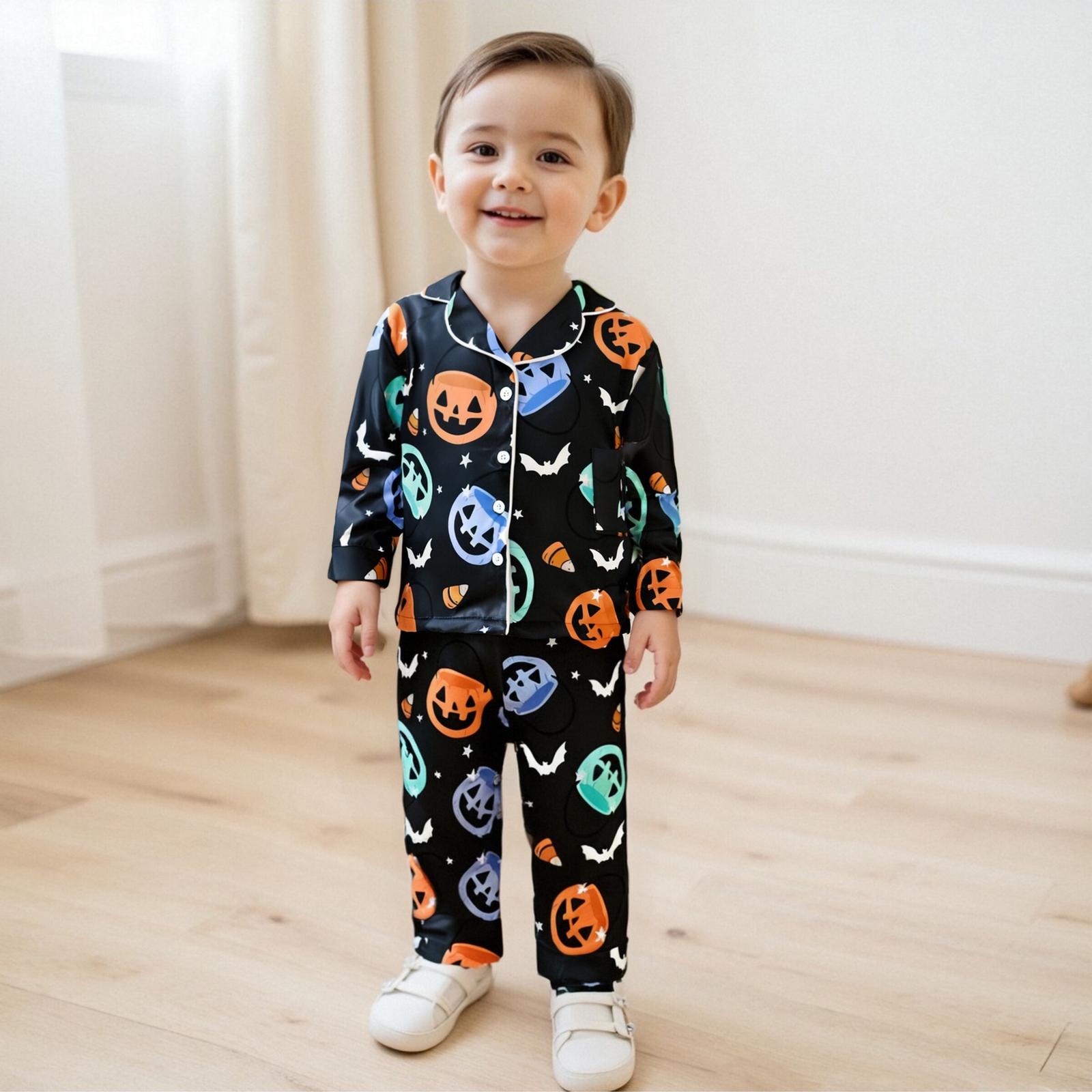 Kids Toddler Boys Girls Halloween Satin Pajamas Set Pumpkin Print Button Up Shirt Elastic Pants Silk Pajama Sets Sleepwear Kids Toddler Boys Girls Halloween Satin Pajamas Set Pumpkin Print Button Up Shirt Elastic Pants Silk Pajama Sets Sleepwear