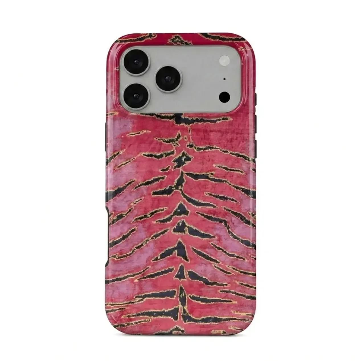 Y2K Baddie Cherry Red Tiger Print iPhone 17 Pro Max Shockproof Case with Glossy Gold Accent Animal Stripe Design, Cover for Iphone 16 Promax, 17 Promax, 17 Pro, 16 Pro
