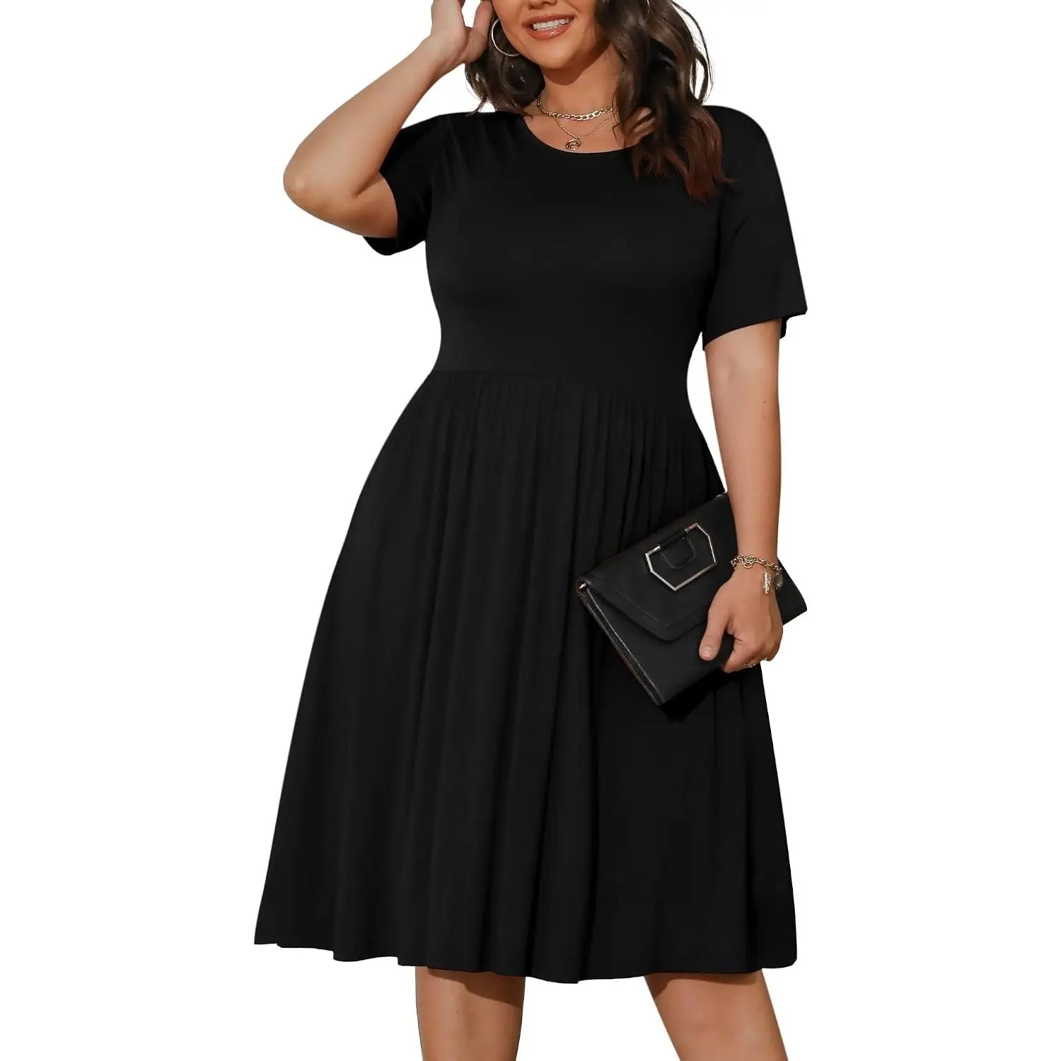 Womens Plus Size Summer Dress 2026 Casual Short Sleeve Empire Waist Loose Fit Swing T-Shirt Dress with Pockets