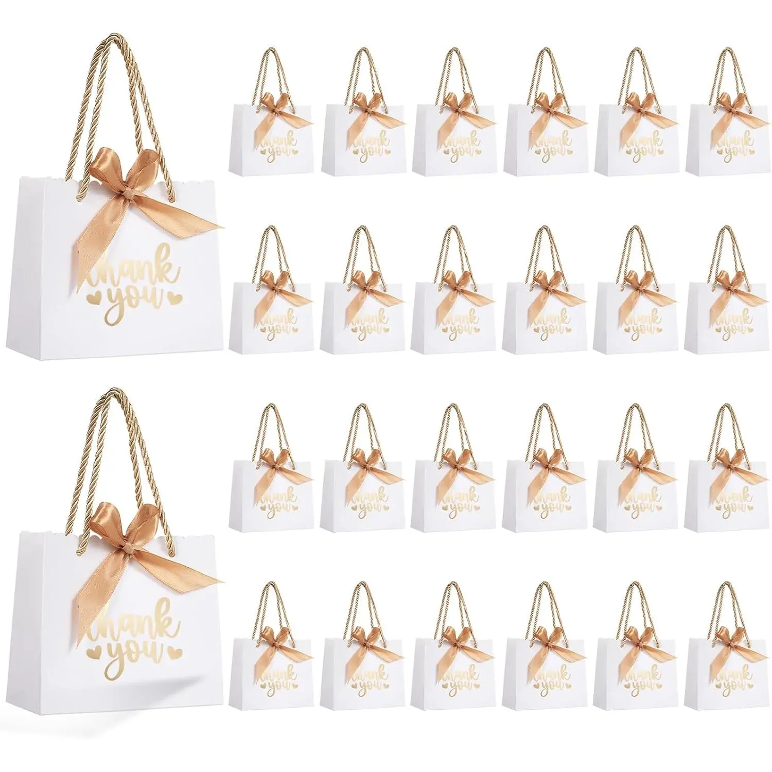 50 Pack Small Thank You  Bags with Handles, White Mini Party Favor Bags 5.5''x 2.5''x4.7'', Mini  Bags Bulk with Bow Ribbon for Valentine's Day, Bridal, Wedding,  Shower