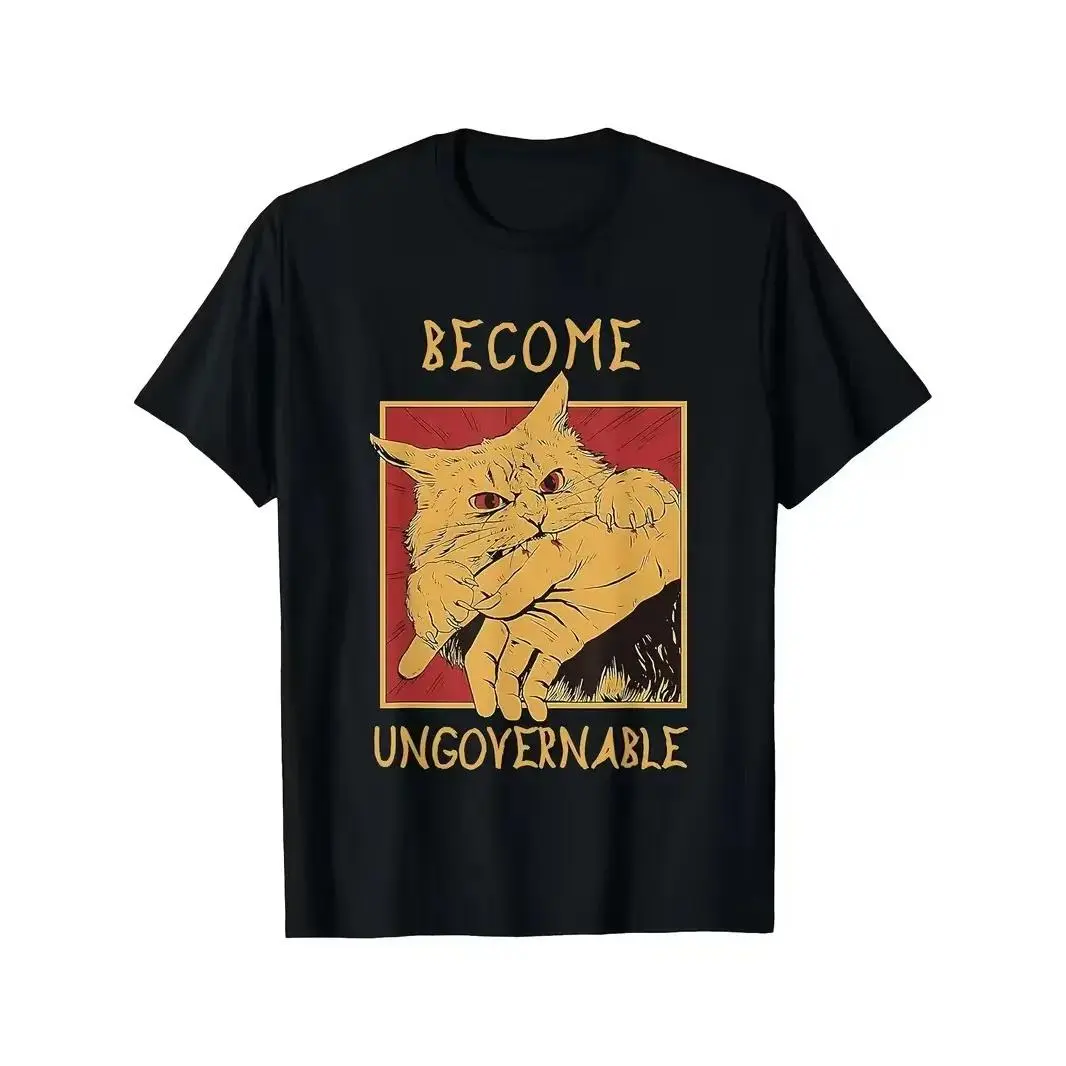 Vintage Funny Meme T-Shirt - Angry Cat "Become Ungovernable" Slogan & Biting Hand Graphic - Casual Short Sleeve Round Neck Tee Suitable for Internet Humor, Spring/Summer Wear, Machine Washable Shirt for Meme Lovers