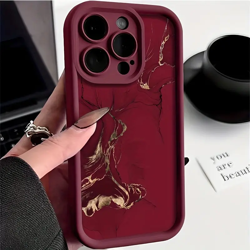 Wine Red Gold Foil Marble Swirl Matte High Bumper TPU Phone Case, Shockproof Lens Cover for iPhone 17 Air 17E 16 15 Plus 14 13 12 11 Pro Max & Samsung S21-S26 A13-A54