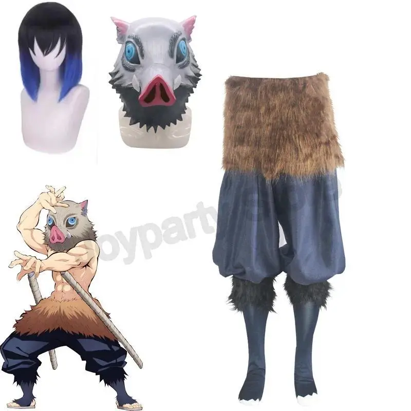 Anime Demon Hashibira Inosuke Cosplay Costume Slayer Wigs Package Pants Fancy Kimetsu Yaiba Dress Pants Masks