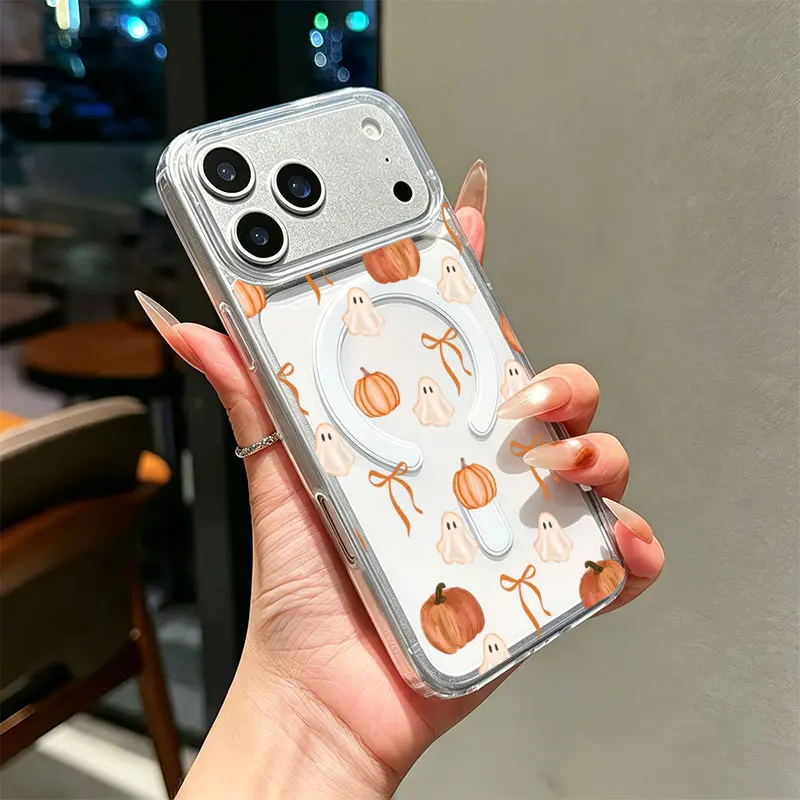 Watercolor Ghost Pumpkin Orange Bow TPU+PC Phone Case - Halloween Art for iPhone Series (17,16,15,14,13,12,11 Plus Pro Max) - Cute Autumn Tender Surprise Gift
