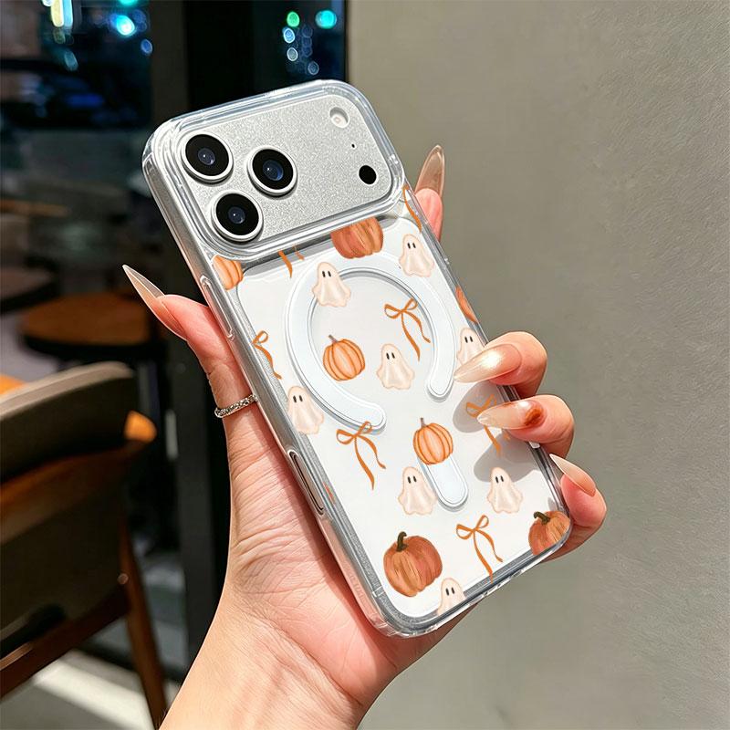 Watercolor Ghost Pumpkin Orange Bow TPU+PC Phone Case - Halloween Art for iPhone Series (17,16,15,14,13,12,11 Plus Pro Max) - Cute Autumn Tender Surprise Gift