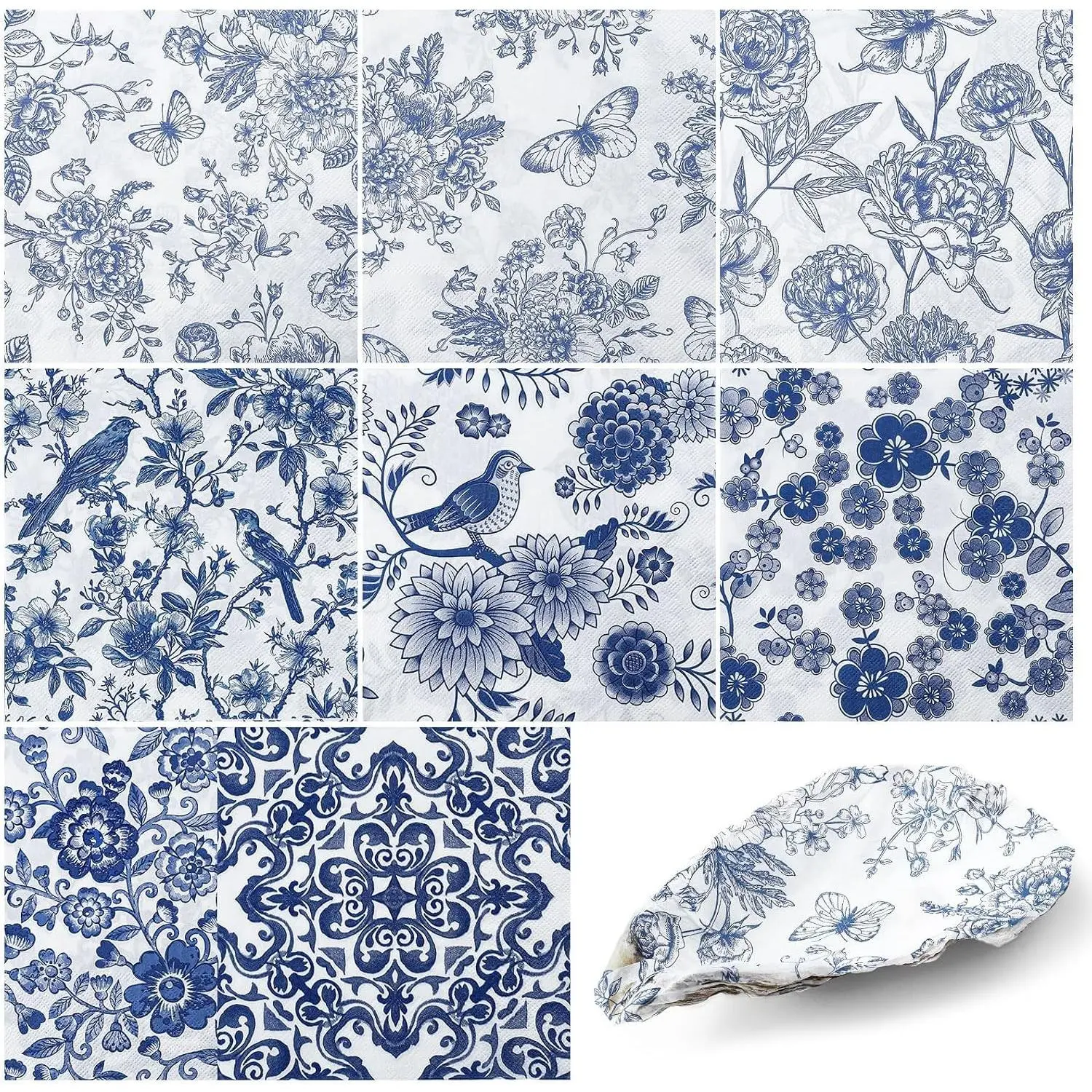16 Pcs 8 Styles Decoupage Napkins, Blue and White Floral Paper Napkins