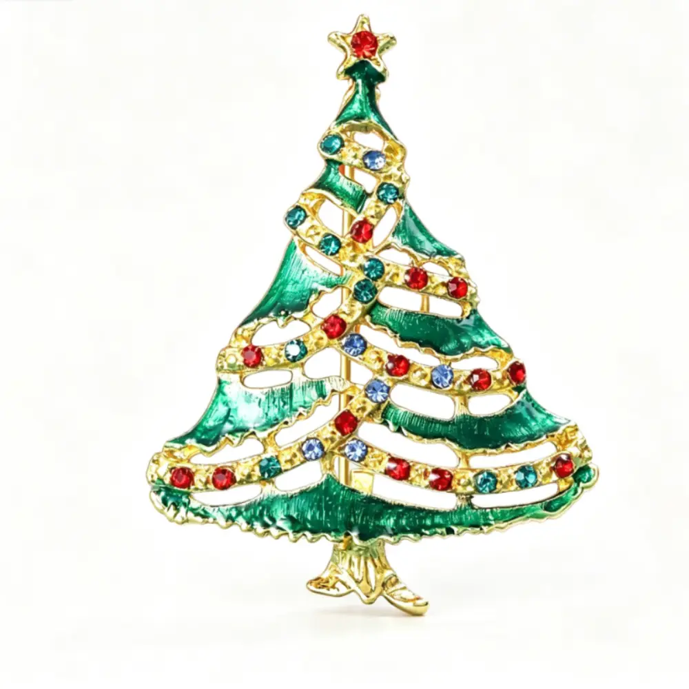 Hollow Green Enamel Christmas Tree Brooch Unisex Multi Color Rhinestone Star Lapel Pin Gift