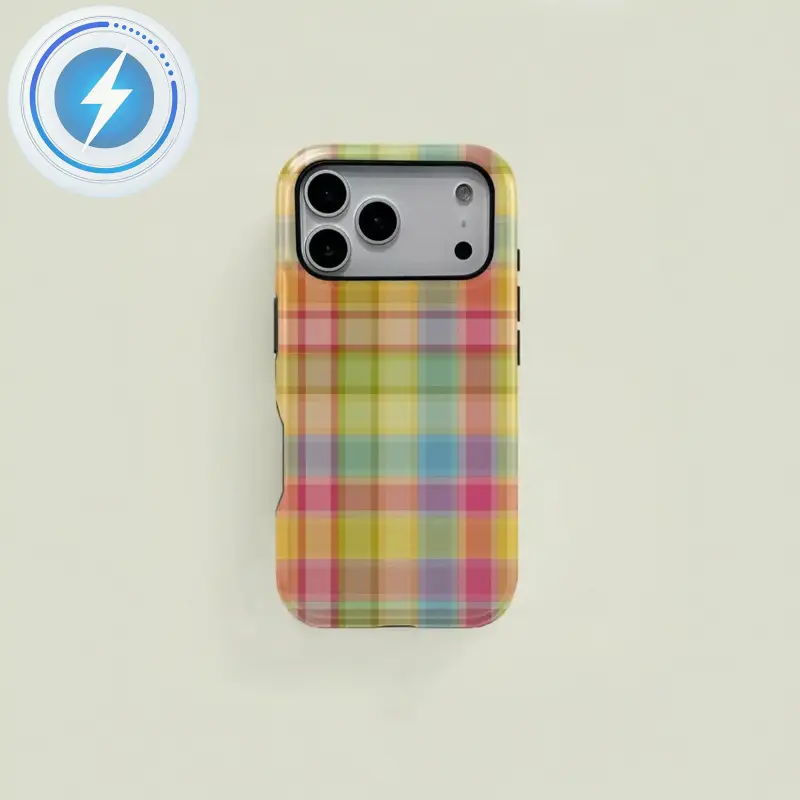 Magnetic Case Colorful Plaid Pattern Retro Square Phone Case, Candy Color Print, Durable Two-In-One Protection, for iPhone 17-12 Pro