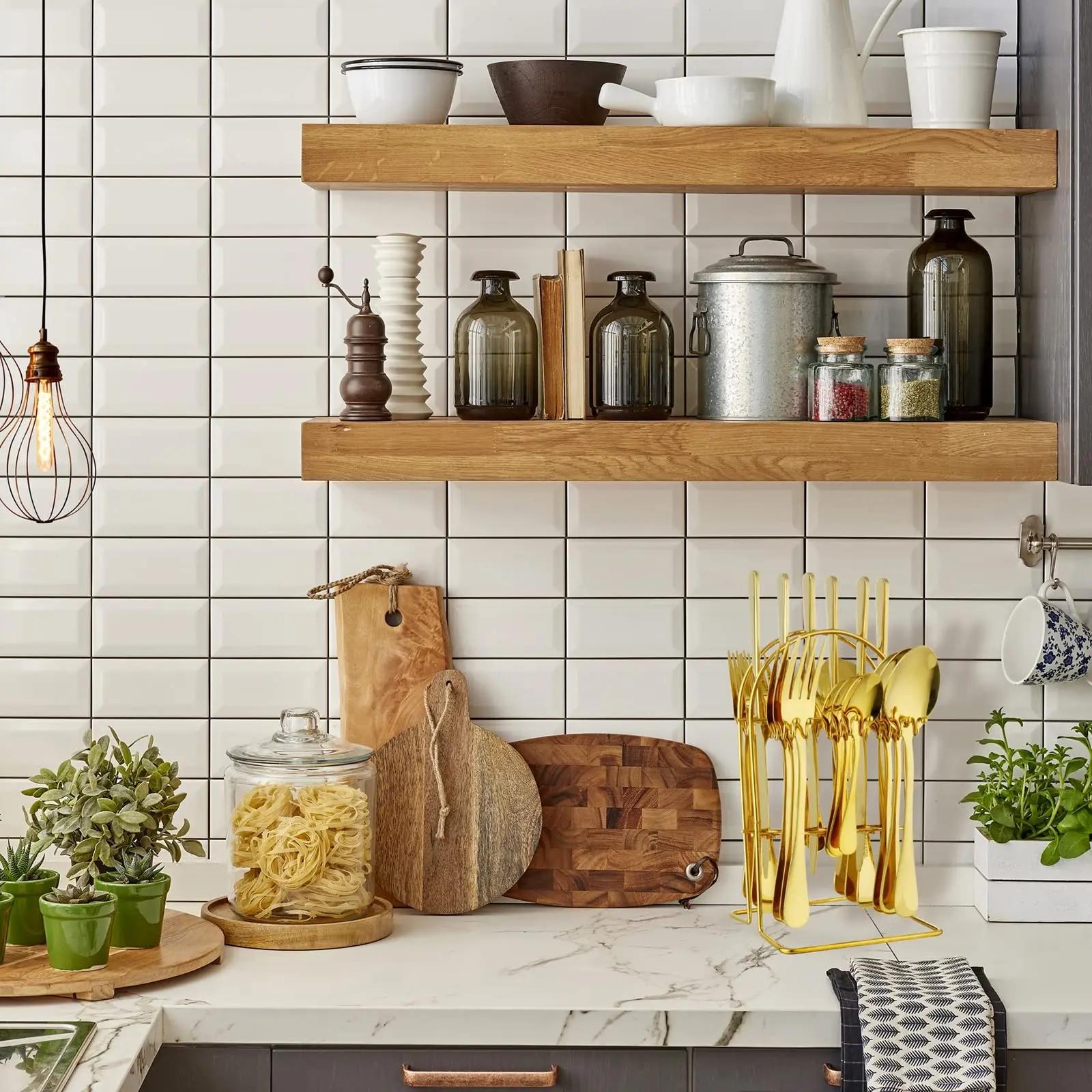 Cutlery Set, 24pcs Stainless Steel Flatware Set with Stand, Including Knife, Fork, Spoon, Hanging Stainless Steel Utensils Set, Gold Cutlery Set