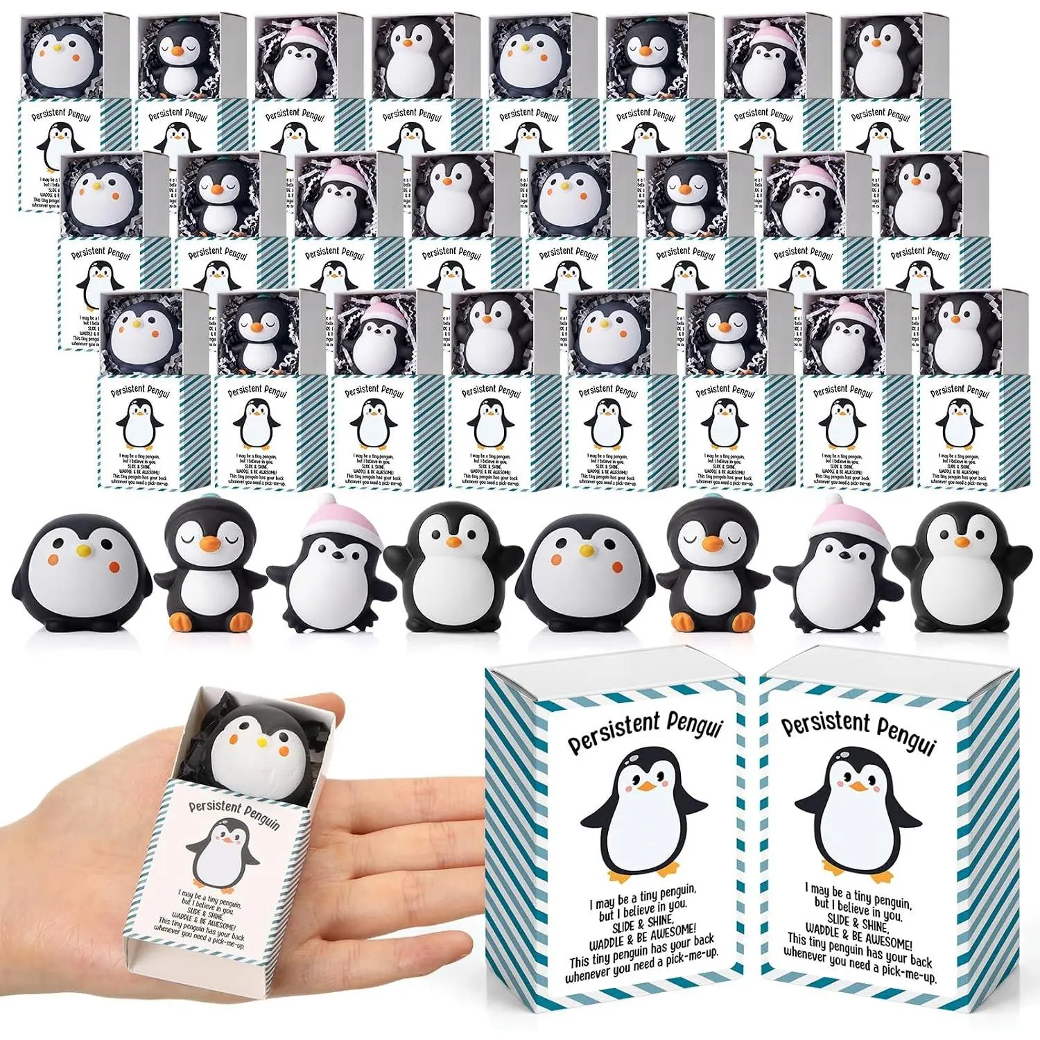 12 Sets Persistent Penguin Gifts 4 Styles Stress Balls with Boxes| for Employee Coworker Friends, Office Positive Relief Toys, Penguin Desk Decor Trinkets, Christmas Stocking Stuffers