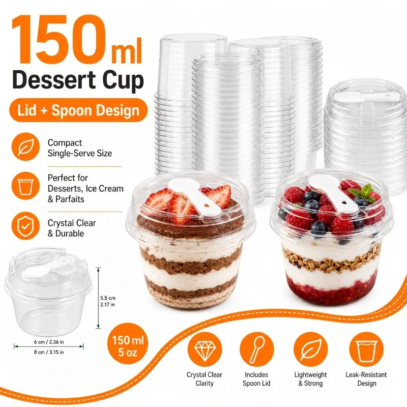 150 5-ounce dessert cups with 50 lids and 50 spoons, clear plastic palfat cups, 150ml round dessert containers with flat lids, ice cream cups for mini cakes, puddings, yogurt, mousse, fruit, pie supplies, Parfait Party Cups