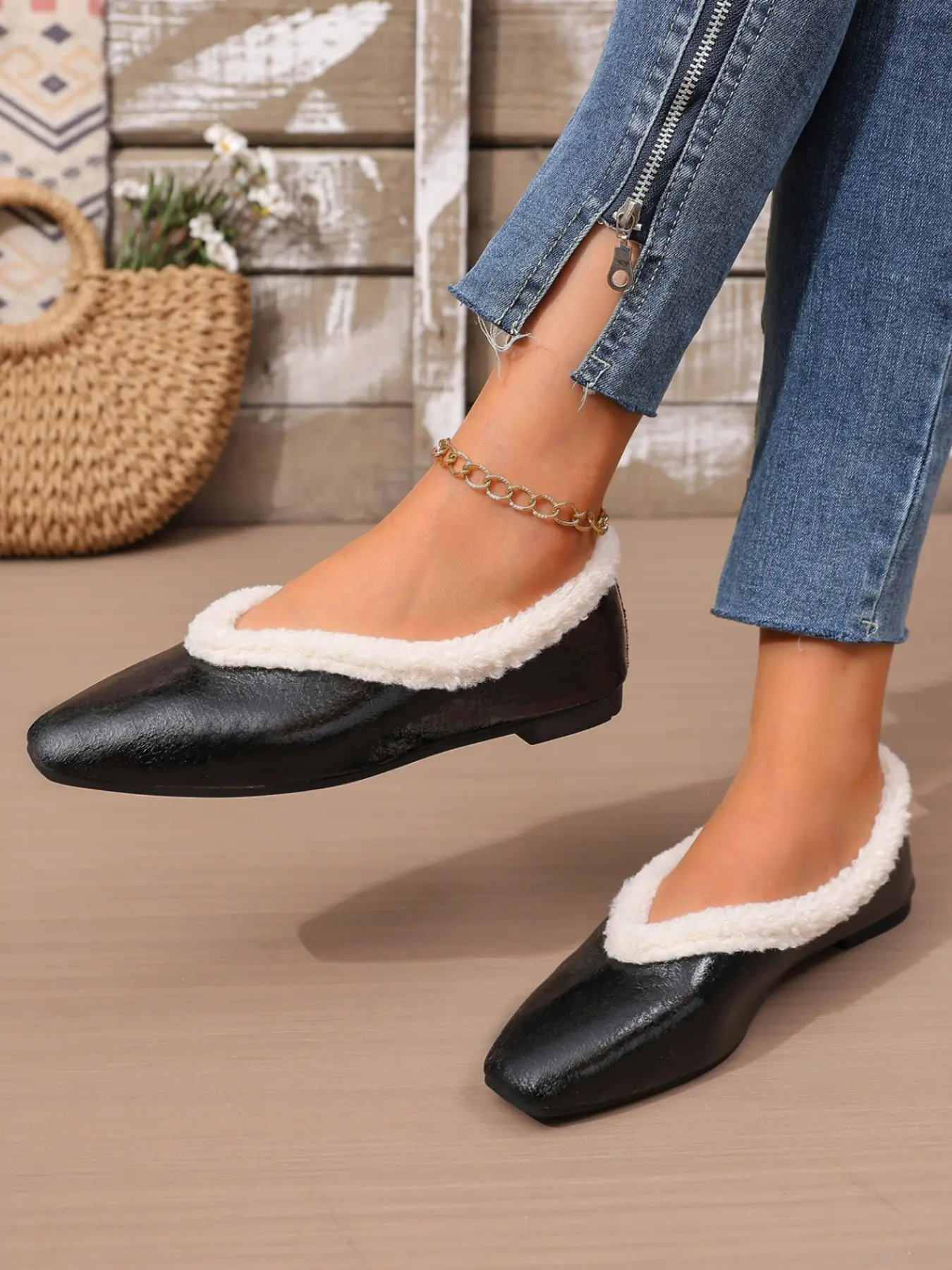 Women's Faux Fur Trim Square Toe Slip-On Flat Shoes, Shiny Metal Lined Ballet Flats, Lightweight Loafers for Office & Daily Use