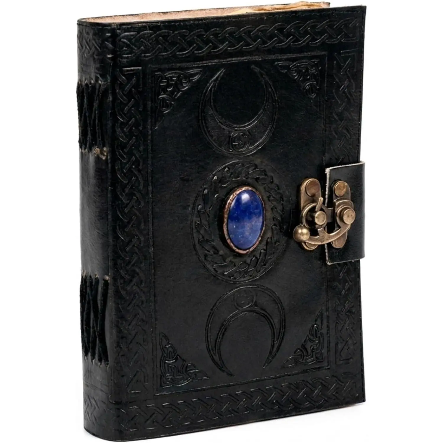 Embossed Cover Leather Journal with Medieval Look - 3 Moon Blue Lapis Design, Hand-Stitched, 7x10in Black, 140 Antique Deckle Pages, Writing Notebook for Men & Women (Office Stationery)