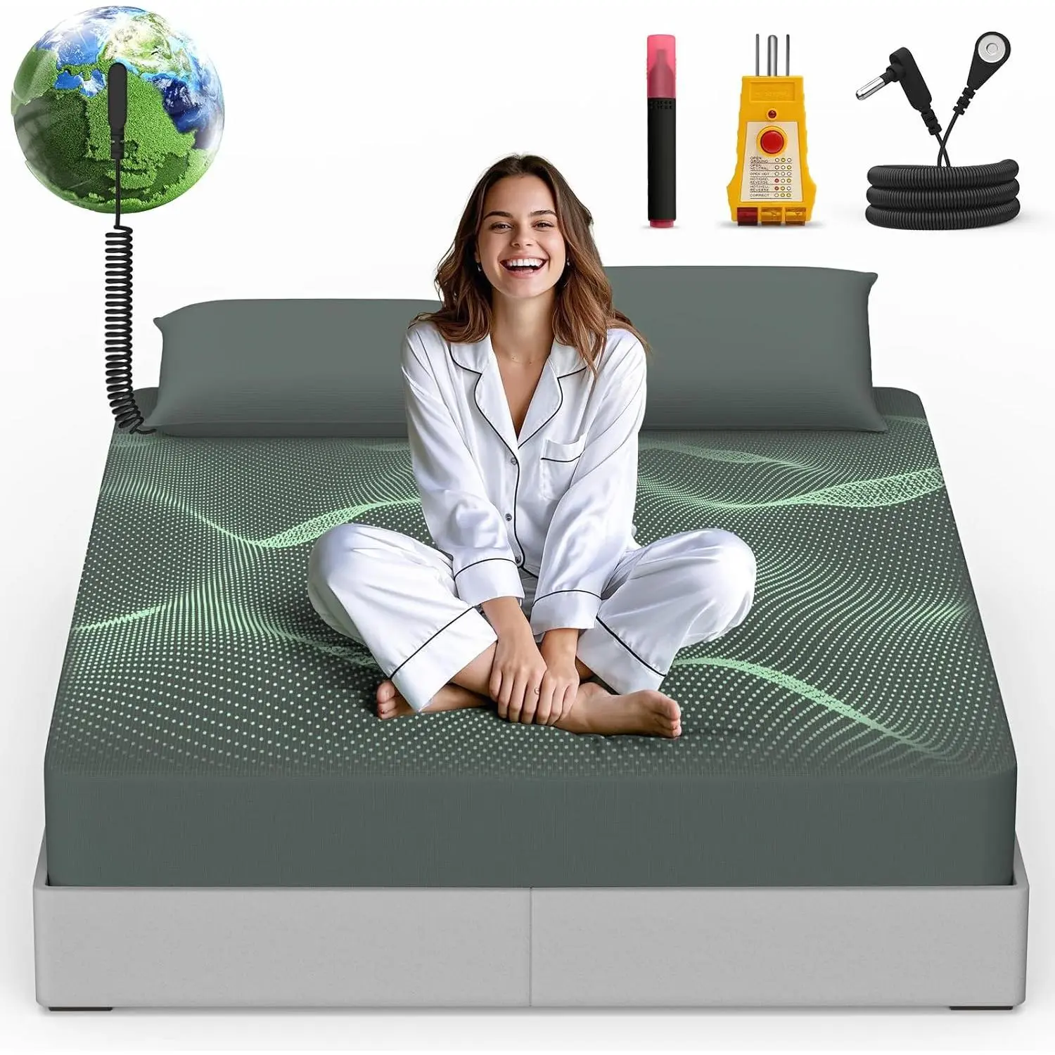 Grounding Sheets  Size, 95%  + 5% Pure  Fiber, Fitted Bed Sheet with Deep Pocket Up to 15'', Earthing Mattress Pad with Grounding Cord