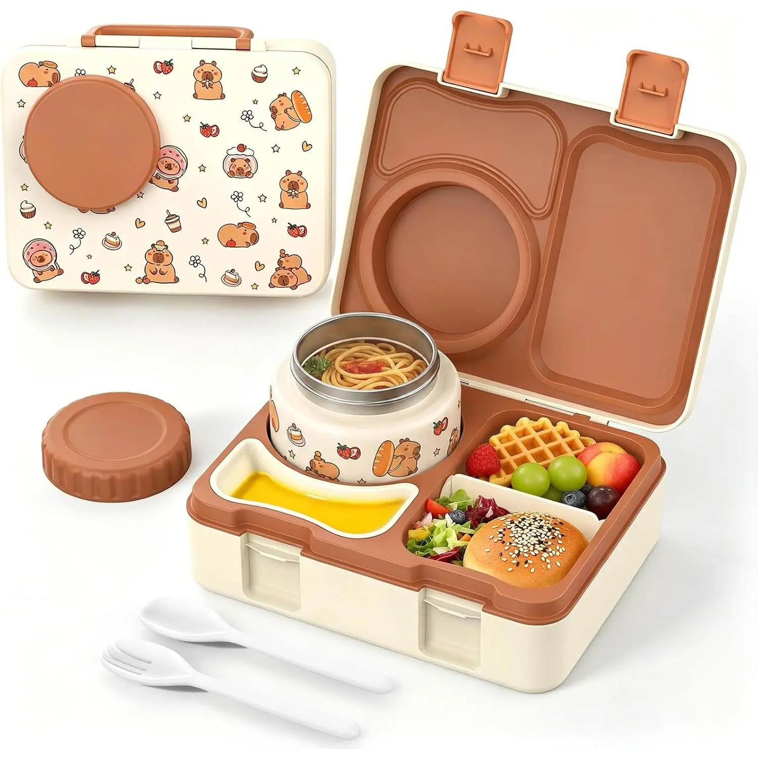 Kids Insulated Lunch Box with 8OZ Thermo Food Jar | Leakproof Bento Box with Ice Pack Sauce Cup Utensils Removable Tray & Dividers for School Daycare Travel, Capybaras