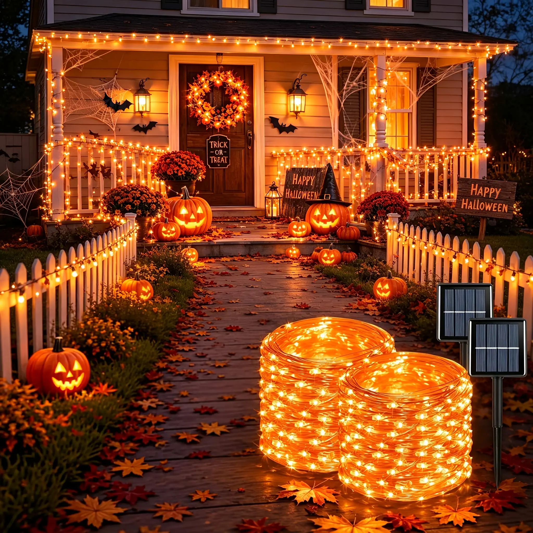 2-Pack Solar Powered Orange Copper Wire String Lights, 480LED Warm Orange Fairy Lights, IP44 Waterproof, 8 Lighting Modes, Plastic Composite Long String, Ideal for Garden, Parties, Haunted House Decorations, Party Decorations, Two Packs
