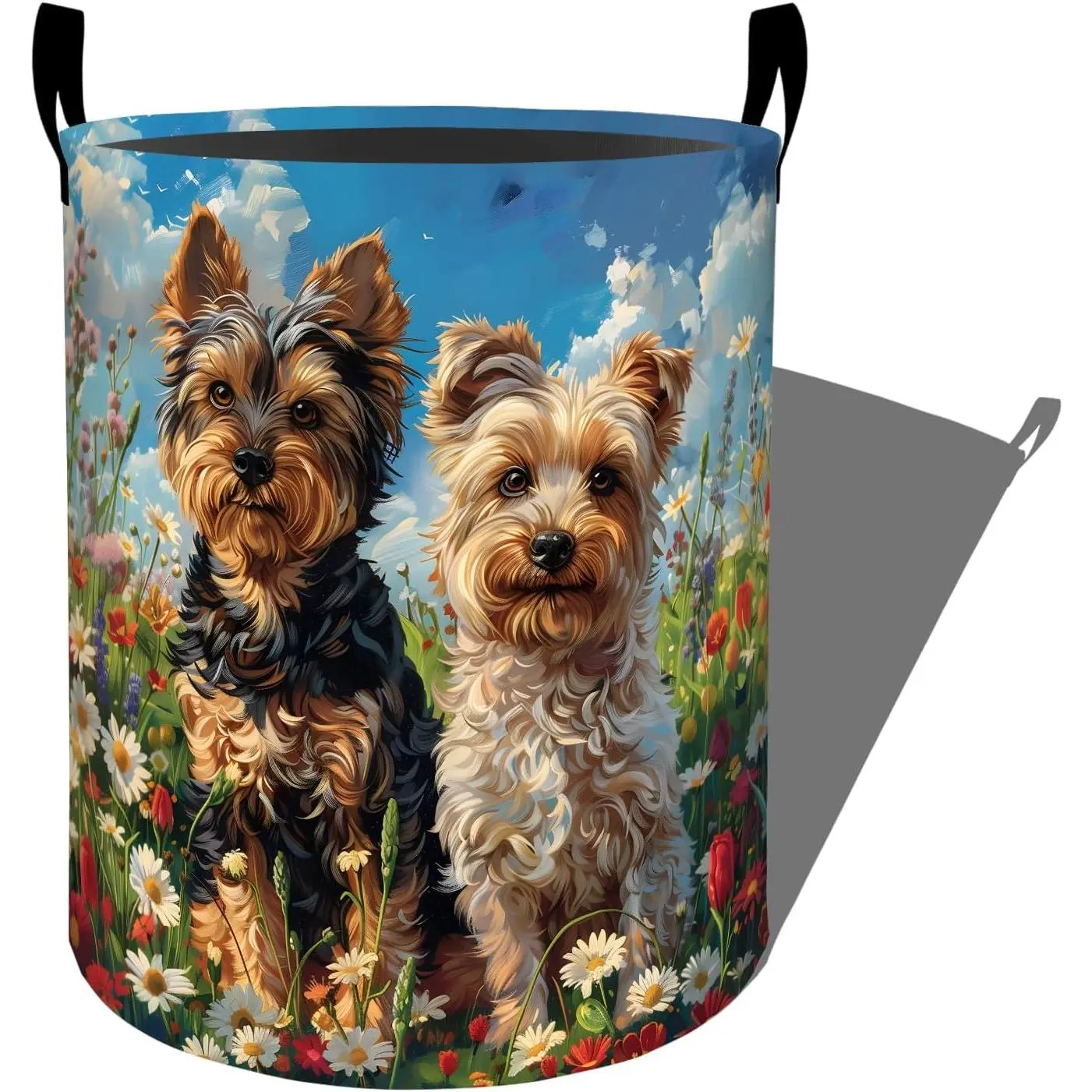 Cute Yorkshire Terriers in Flower Field Laundry Basket with Handles, 19.7"x15.7" Clothes Foldable Puppy Dog Laundry Hamper Organizer for Dorm Nursery Bedroom Bathroom Decor, Toy Storage Bin for Kids