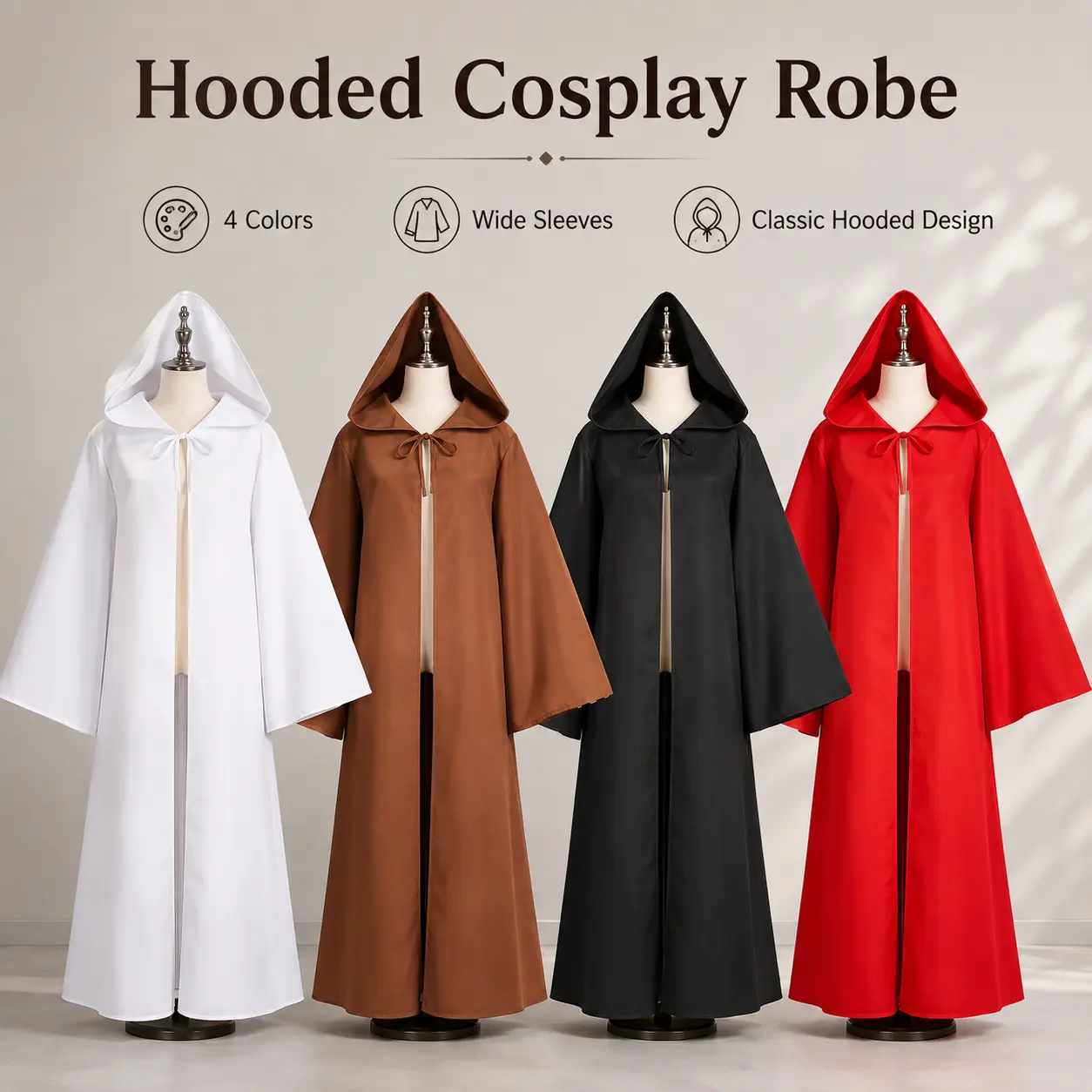 Hooded Cosplay Robe for Men Women, Medieval Cloak Costume with Wide Sleeves and Long Hooded Cape, Fantasy Role Play Outfit for Halloween Party, Costume Events, Stage Performance, Photo Shoot, Wizard Knight Theme, Multiple Color Options Black Red Brown Whi